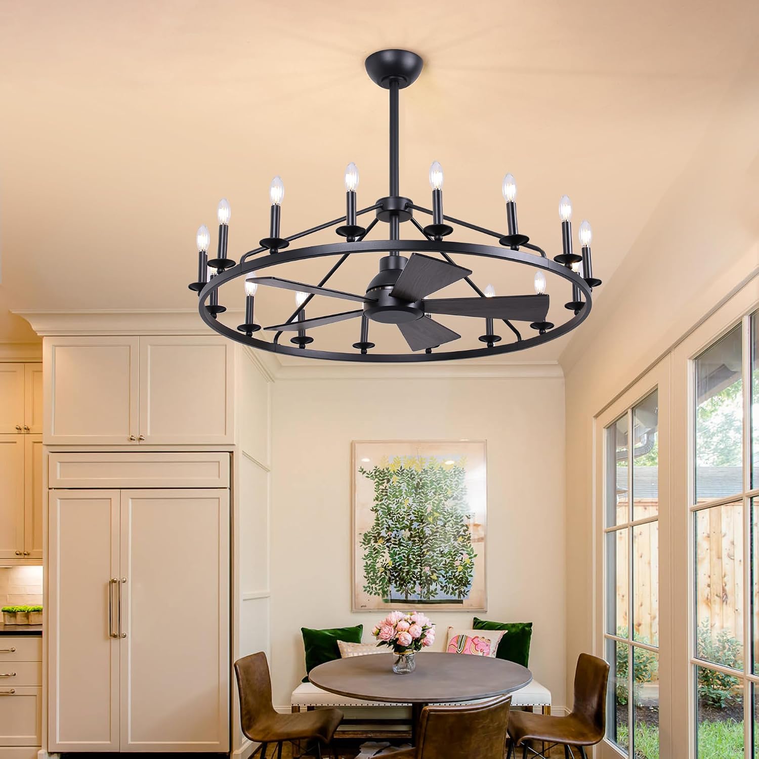 COCOSTAR 44' Black Wagon Wheel Ceiling Fan with 16-Lights, Adjustable Height Farmhouse Fandelier Chandelier for Living Room, E12 Bulb Compatible, Perfect for Summer Cooling and Winter Air Circulation