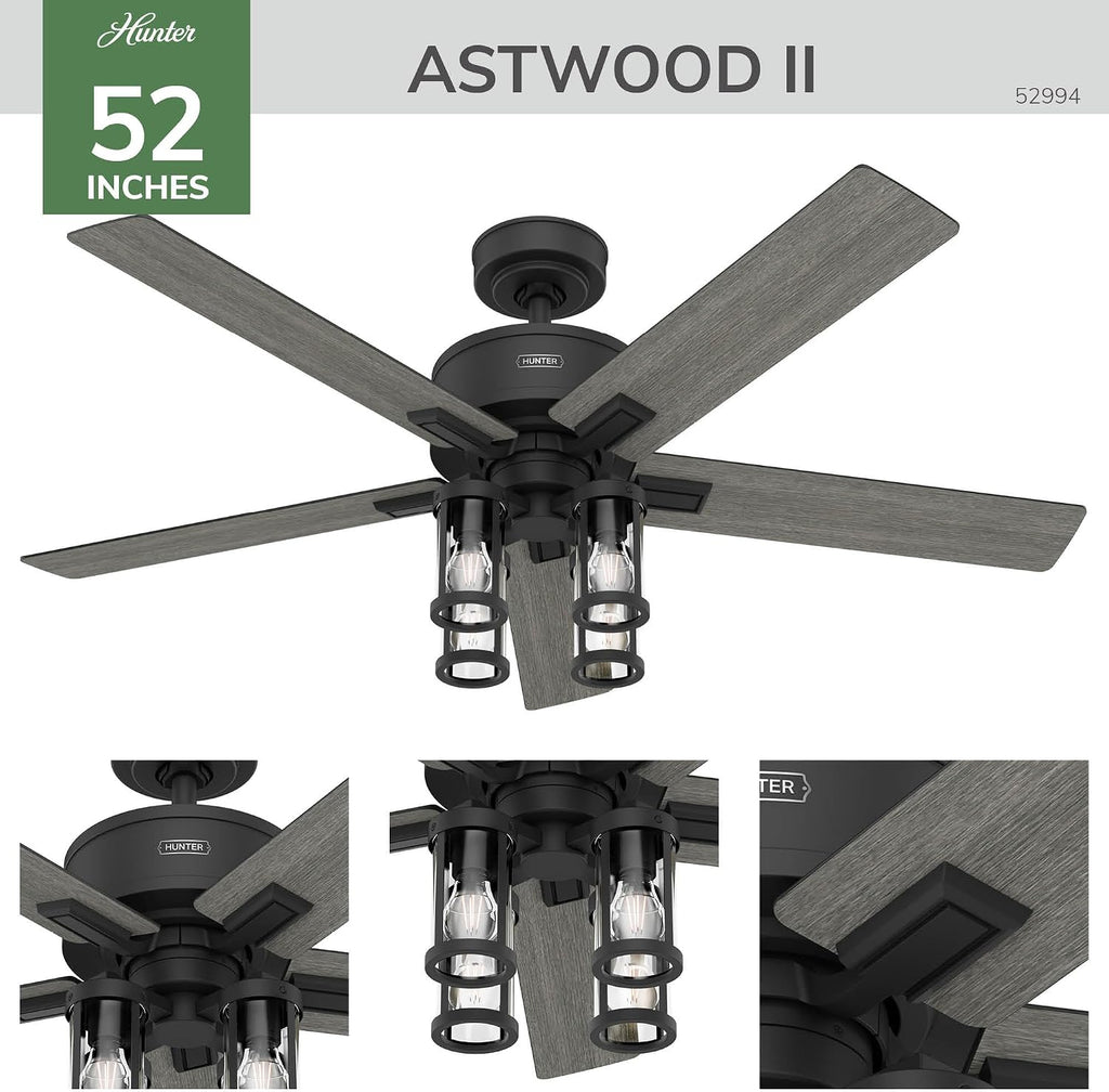Hunter - Astwood II Indoor Ceiling Fan With Light, Remote, 52-inch, Casual-style, 4-speed WhisperWind Motor, Ceiling Fans for living rooms, bedrooms, home offices, kitchens (Matte Black)