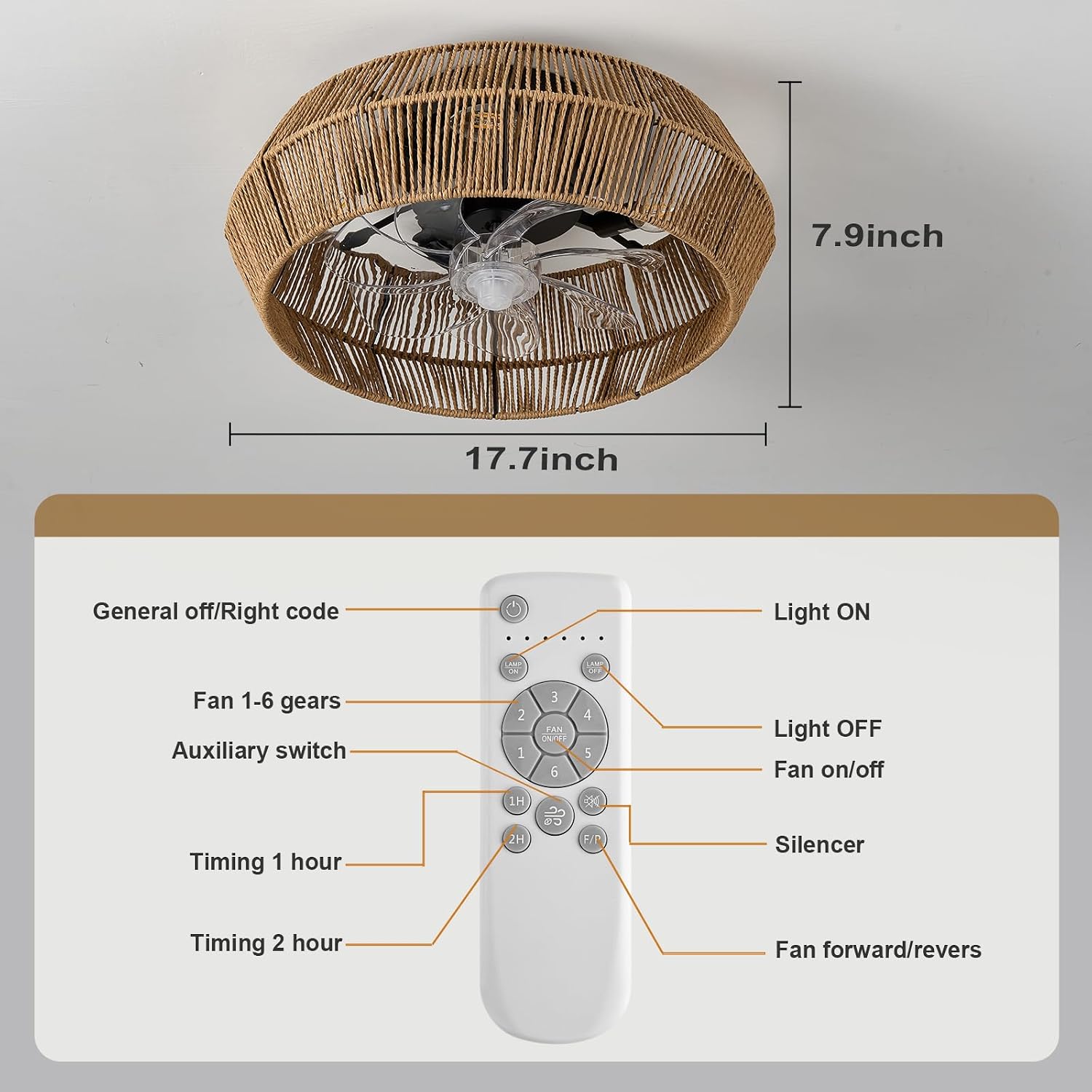 Caged Ceiling Fan with Lights, 18' Boho Ceiling Fans with Lights, Handmade Woven Cage Ceiling Fan, Enclosed Timing 6 Speeds Reversible, for Bedroom Living Room Farmhouse Indoor