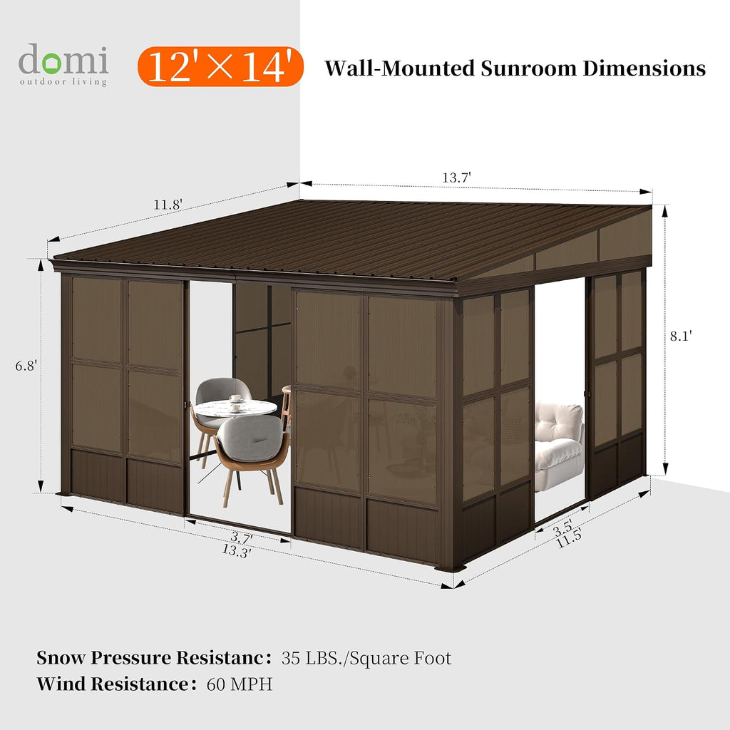 Domi 12x14FT Sunroom, Wall Mounted Sunroom Kit with Galvanized Steel Sloping Roof, Outdoor Sunroom Gazebo with Detachable PC Screen, 3 Sliding Double Doors, Lean to Sun Room for Patio, Deck