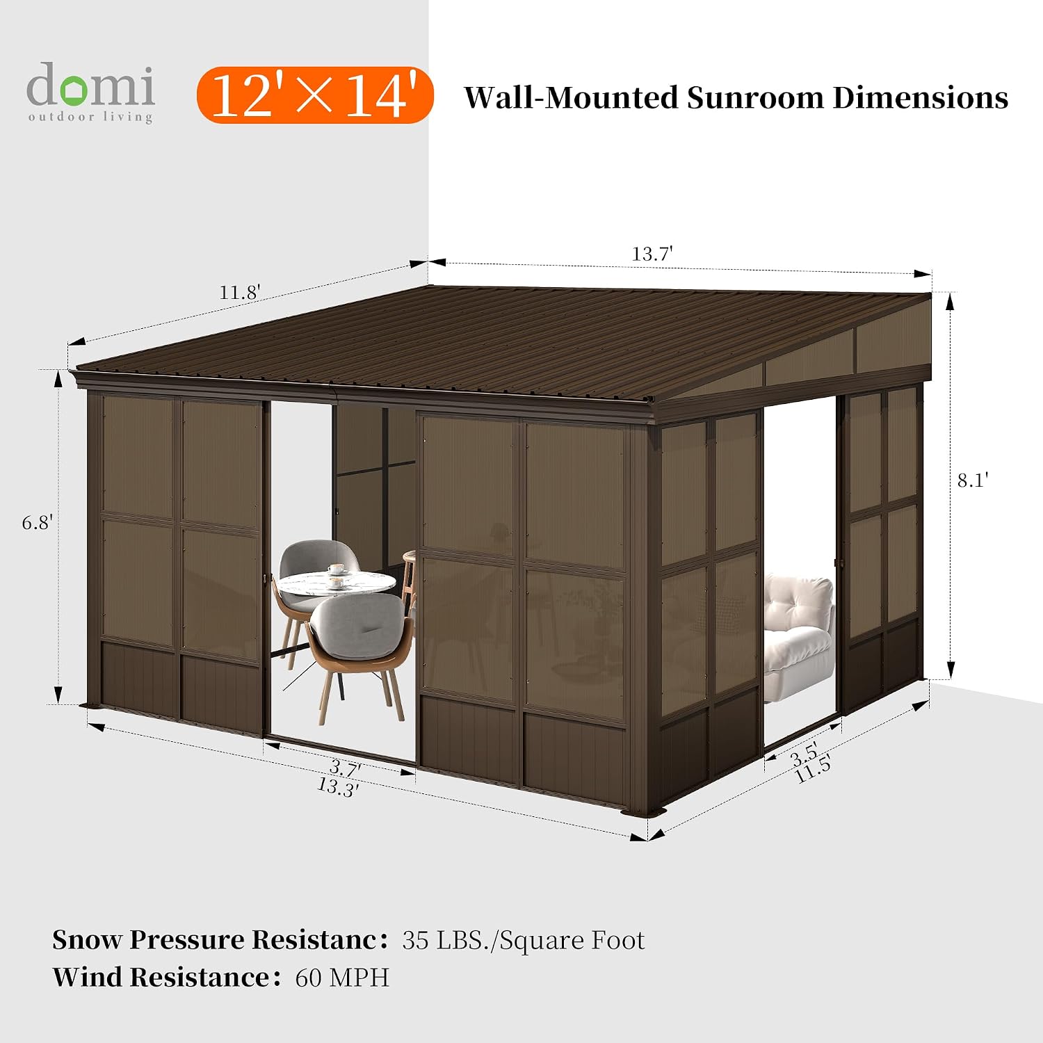 Domi 12x14FT Sunroom, Wall Mounted Sunroom Kit with Galvanized Steel Sloping Roof, Outdoor Sunroom Gazebo with Detachable PC Screen, 3 Sliding Double Doors, Lean to Sun Room for Patio, Deck