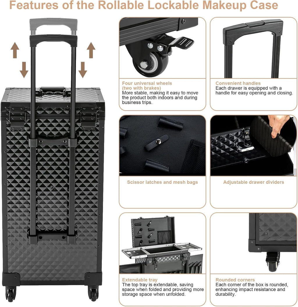 Rolling Makeup Cosmetology Train Case with Key Swivel Wheels Large Cosmetic Organizer Train Case Makeup Travel Case with Password Locks Traveling Cart Trunk Black Traveling Cart Trunk Black