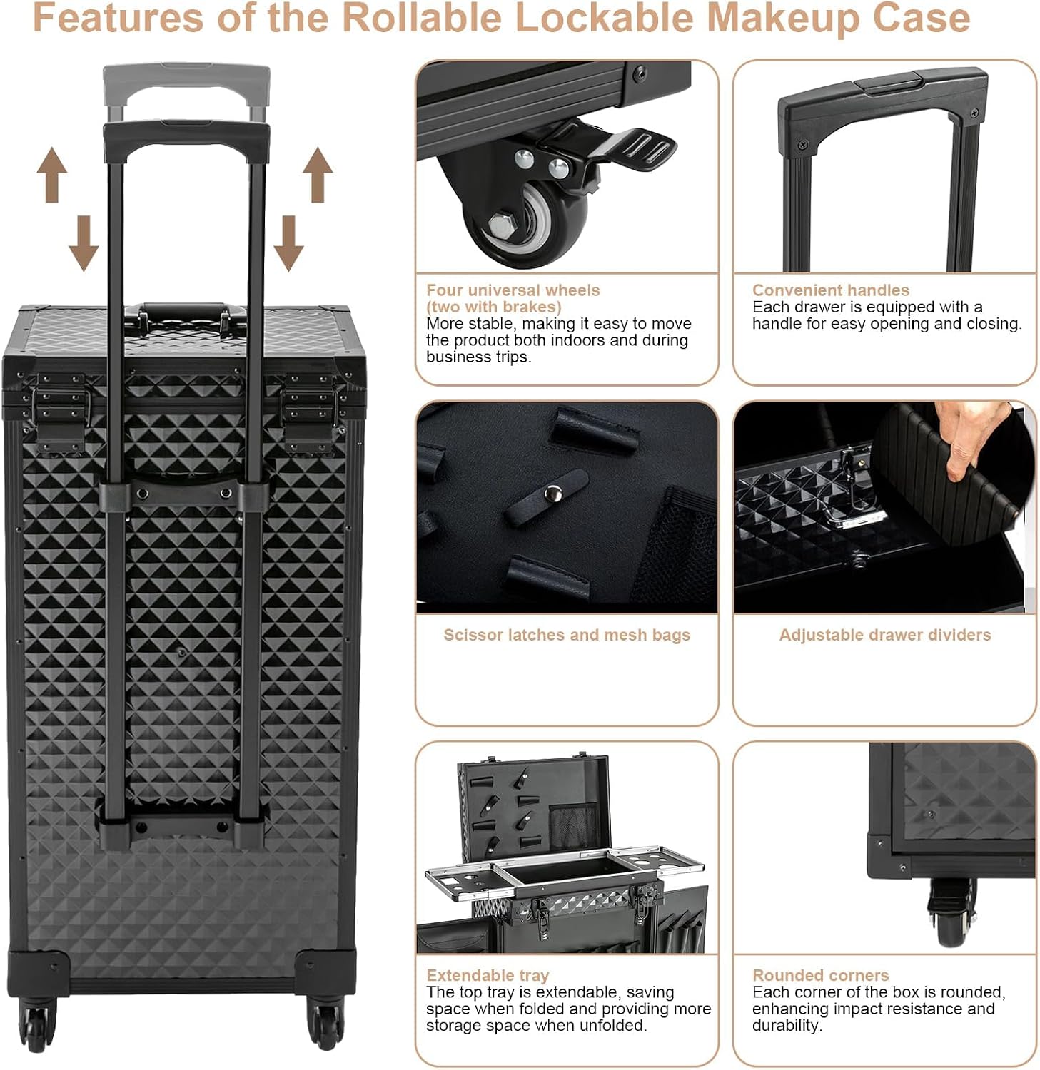 Rolling Makeup Cosmetology Train Case with Key Swivel Wheels Large Cosmetic Organizer Train Case Makeup Travel Case with Password Locks Traveling Cart Trunk Black Traveling Cart Trunk Black