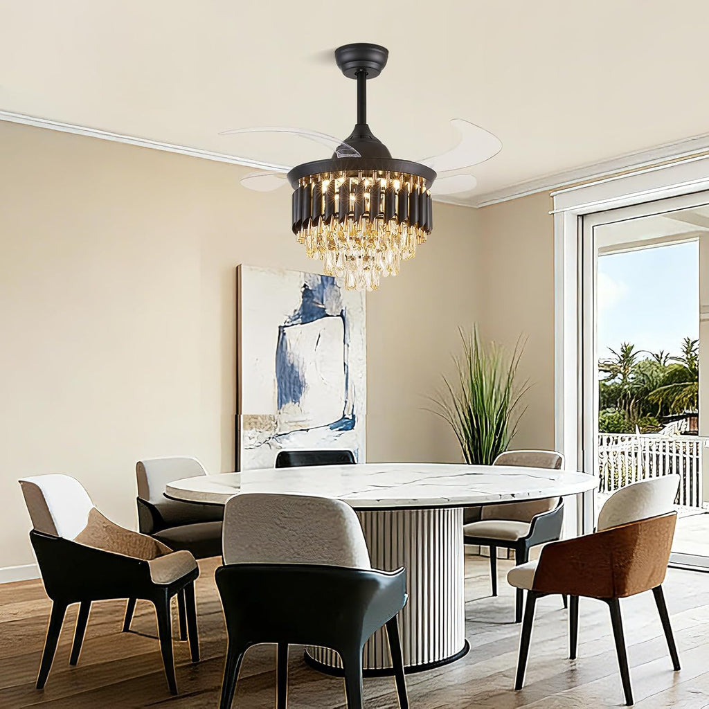 36 Inch Luxury Crystal Ceiling Fan with Light, Dimmable Ceiling Fans with Lights and Remote, Luxury Retractable Chandelier Fan for Living Room Dinning Room Kitchen