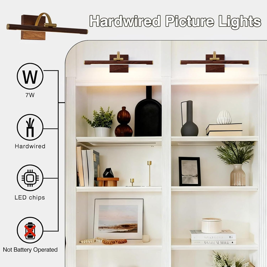 2 Pack Brass & Wood Wall Mount LED Picture Light, Hard Wired Dimmable Swing Arm Art Gallery Lamp 2700K Warm White Home Art Painting Decor Light