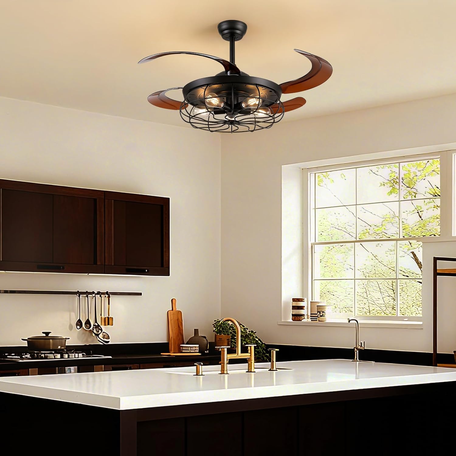 48' Industrial Caged Ceiling Fan with Light and Remote, Vintage Retractable Blades Ceiling Fan with Lights, Farmhouse Black Fandelier for Bedroom Living Room Dining Room