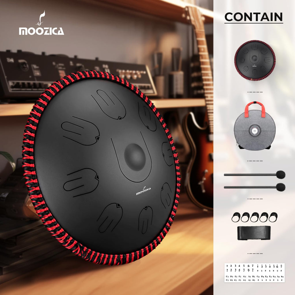 Moozica Steel Handpan Tongue Drum, 14 Inches 17 Notes in D Minor with Octave Overtone Design, Handpan Drum Percussion Instrument With Carry Bag (D-Kurd, Black)