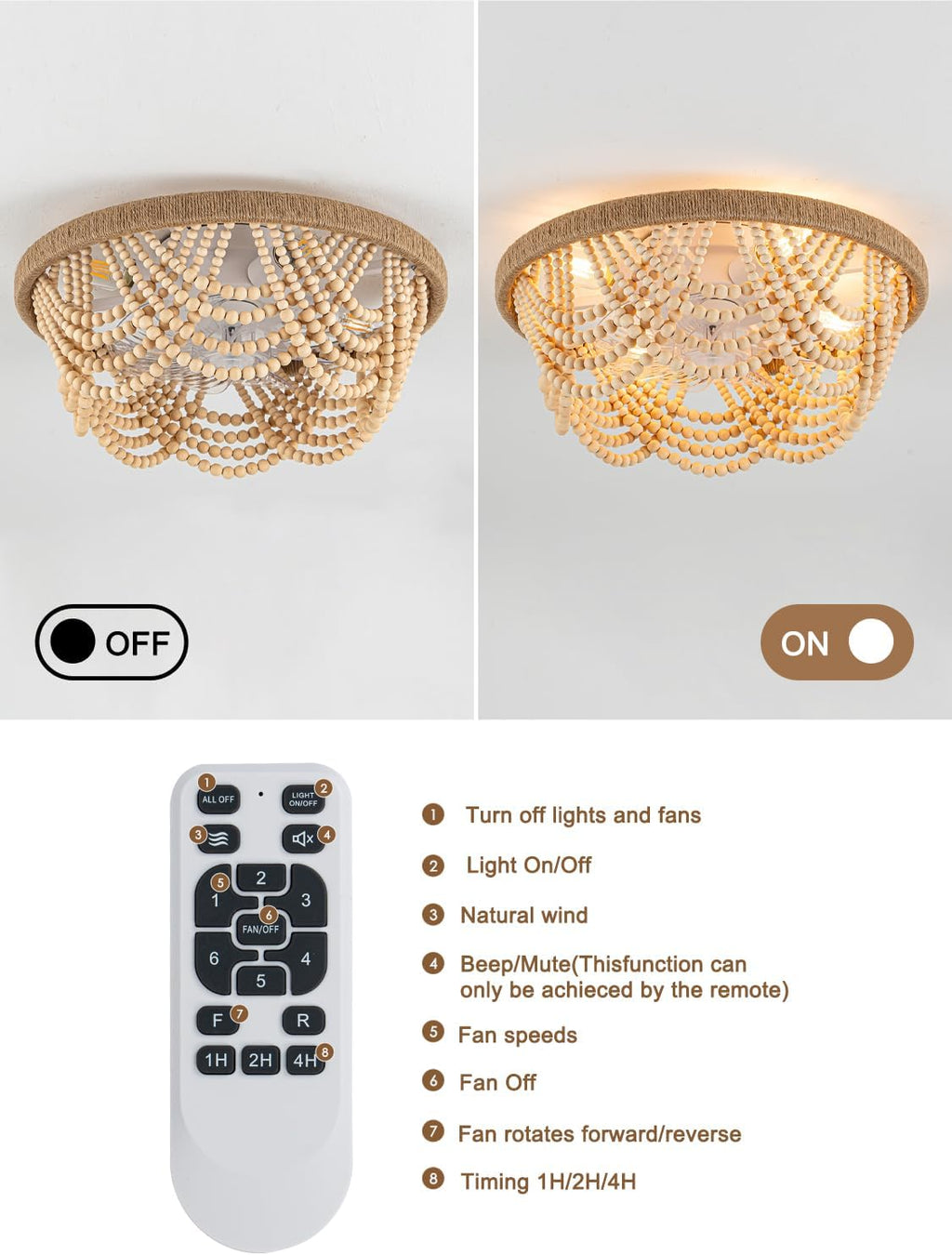 20'' Boho Fandelier Ceiling Fan with Lights Remote Control Flush Mount Chandelier Ceiling Fan for Bedroom Wood Beaded Coastal Chandelier Light for Living Room, 6 Speeds Reversible Quiet