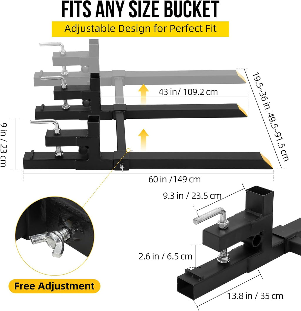 Hipicute 60' (4000 lbs) with Connecting Rod Heavy Duty Pallet Forks with Adjustable Stabilizer Bar for Loader Bucket Skid Steer Tractor, Black