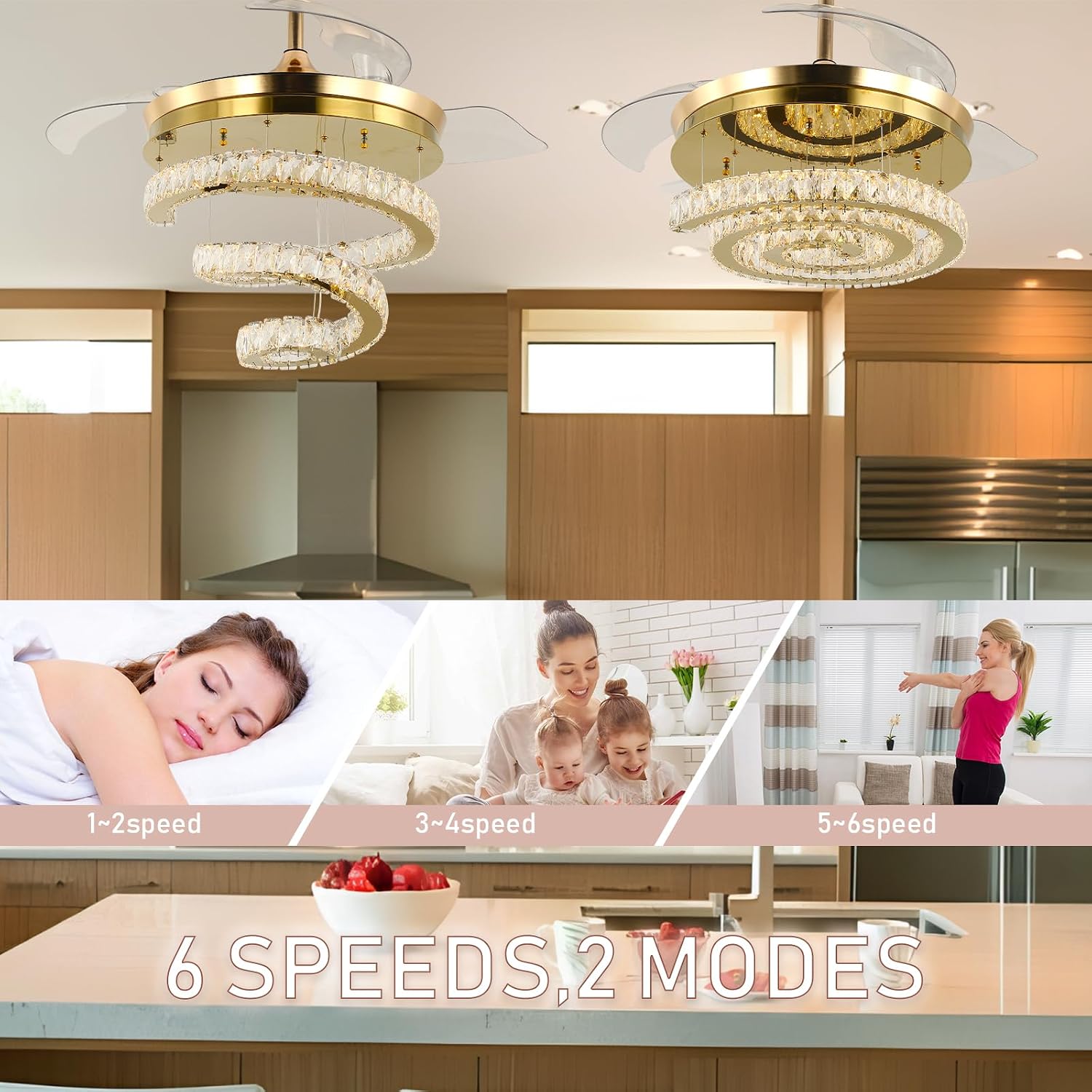 FRIXCHUR Gold 42' Crystal Ceiling Fans with Lights and Remote Chandelier Fans Dimmable Crystal Fandeliers 3-Blade Retractable Led Ceiling Fans 6 Speed 3 Color Change for Bedroom Living Room 30W*2…