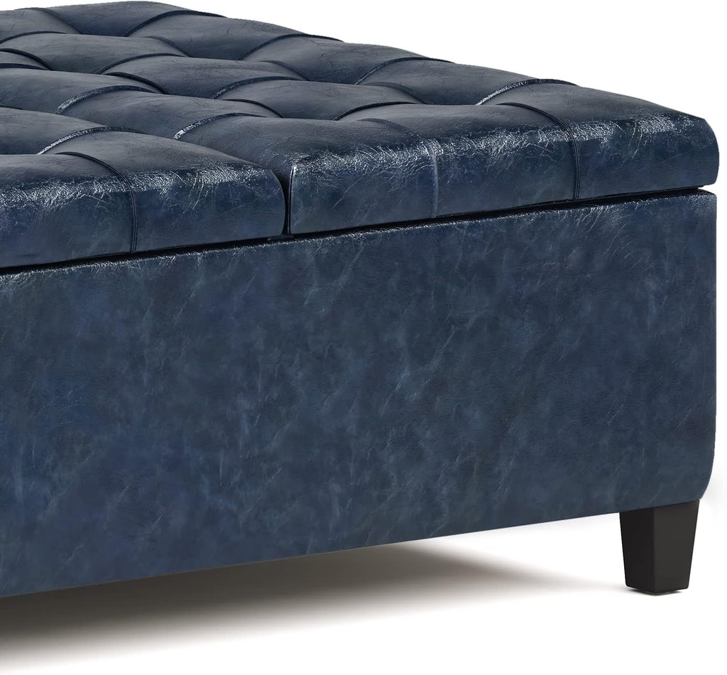SIMPLIHOME Harrison Coffee Table Storage Ottoman - 36 inch Wide Upholstered Vegan Leather Square Lift-Top Ottoman in Denim Blue, Transitional Ottoman for Living Room with Hidden Storage