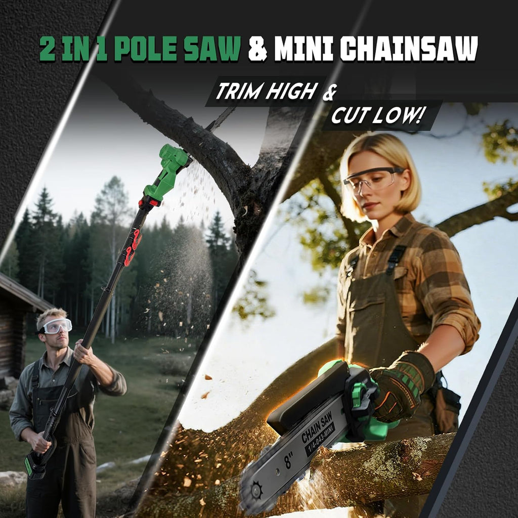 2-in-1 Electric Pole Saw for Tree Trimming, Cordless Polesaw & 8'' Mini Chainsaw with Extension Pole, Handheld Chain Saw with Rechargeable Batteries as Gifts for Wood Ranger,Senior,Women