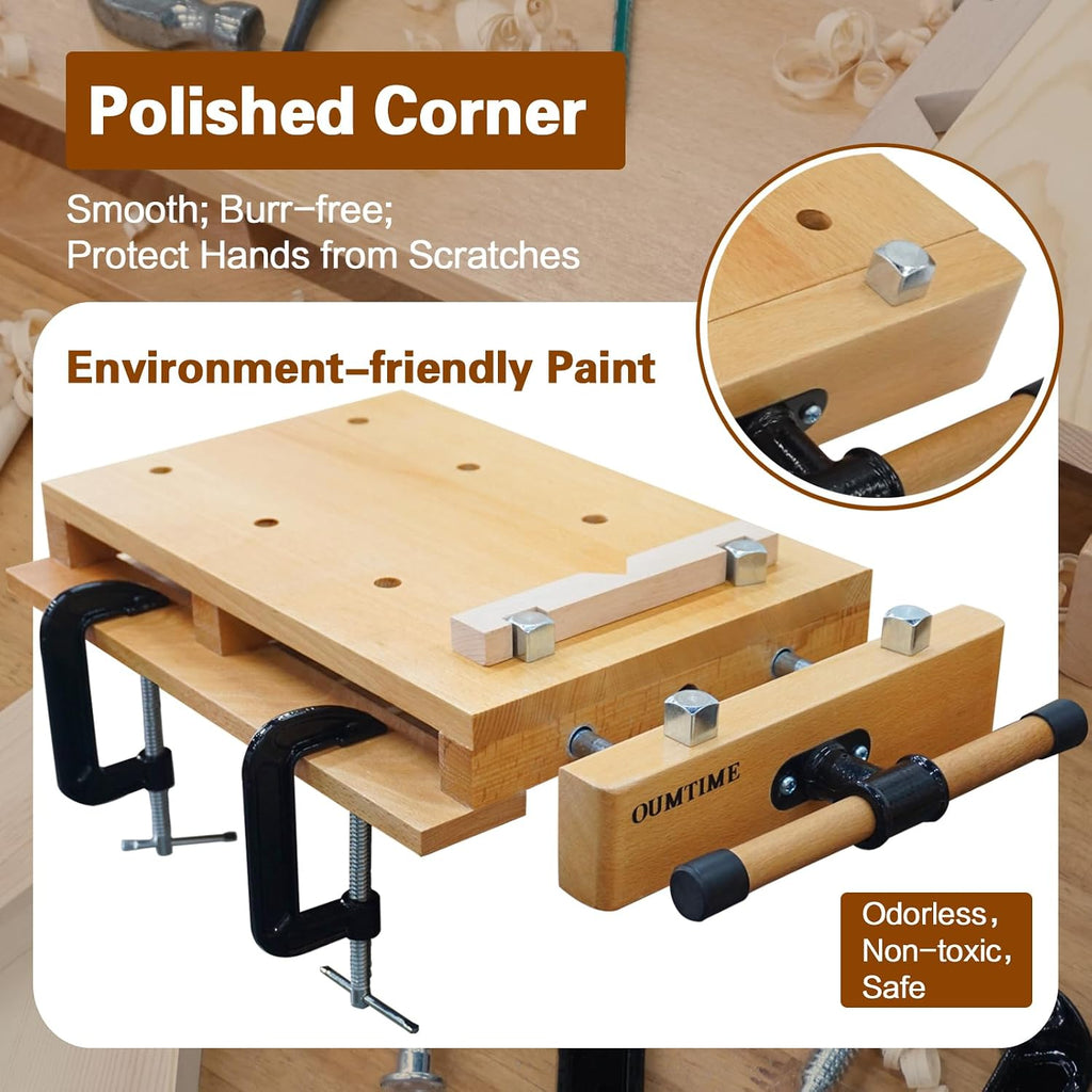 Portable Workbench,The Bench Vise is Made of Hard Beech.Woodworking Vise Contains Wood Clamp, 4 Bench Dogs and 2 Clips,Wood Workbench top Workbench Vice Tools is Suitable for Garage Studios