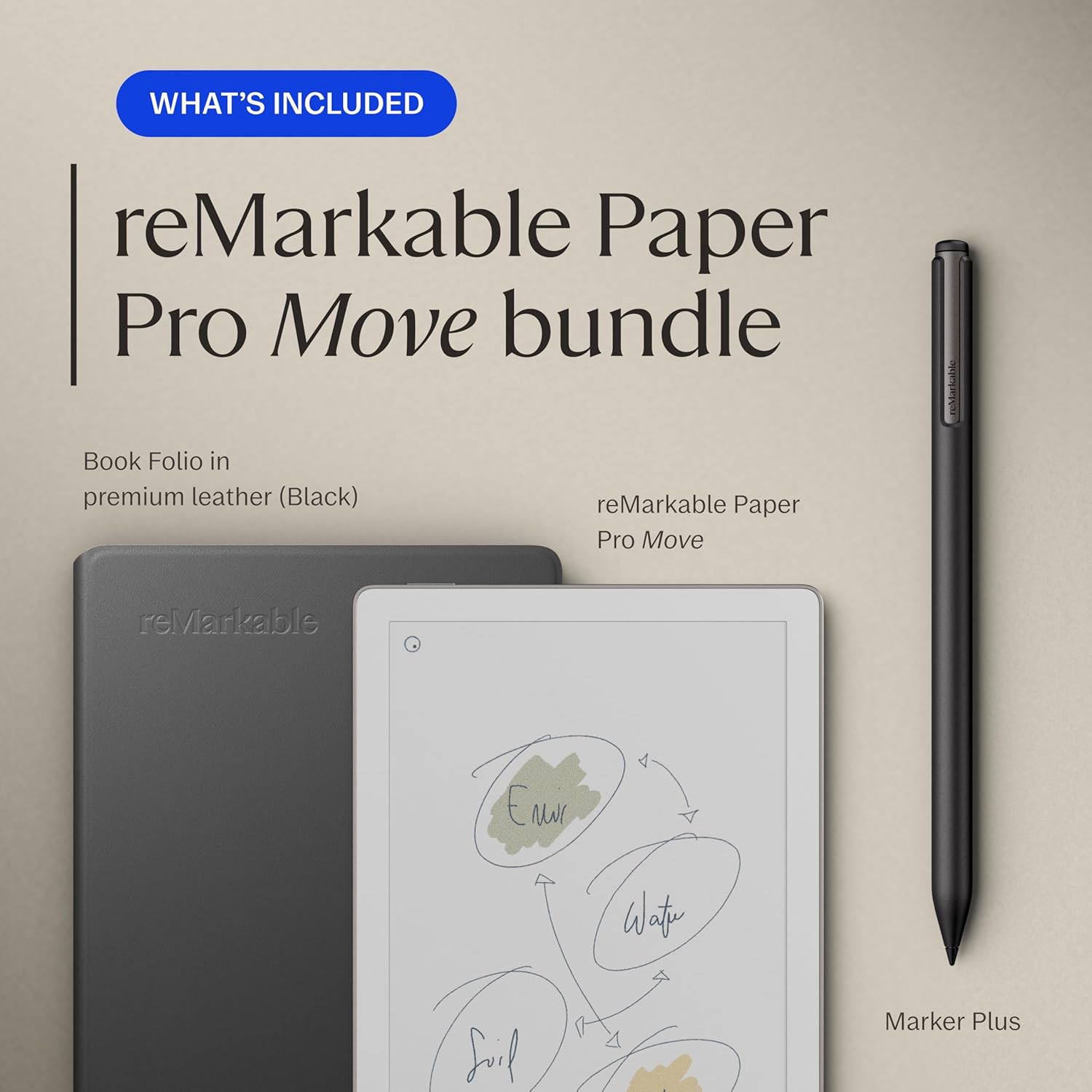 reMarkable Paper Pro Move - Leather Folio Bundle | Ultraportable Color 7.3' Paper Tablet with Marker Plus Pen with Eraser, and a Book Folio Cover in Black Leather