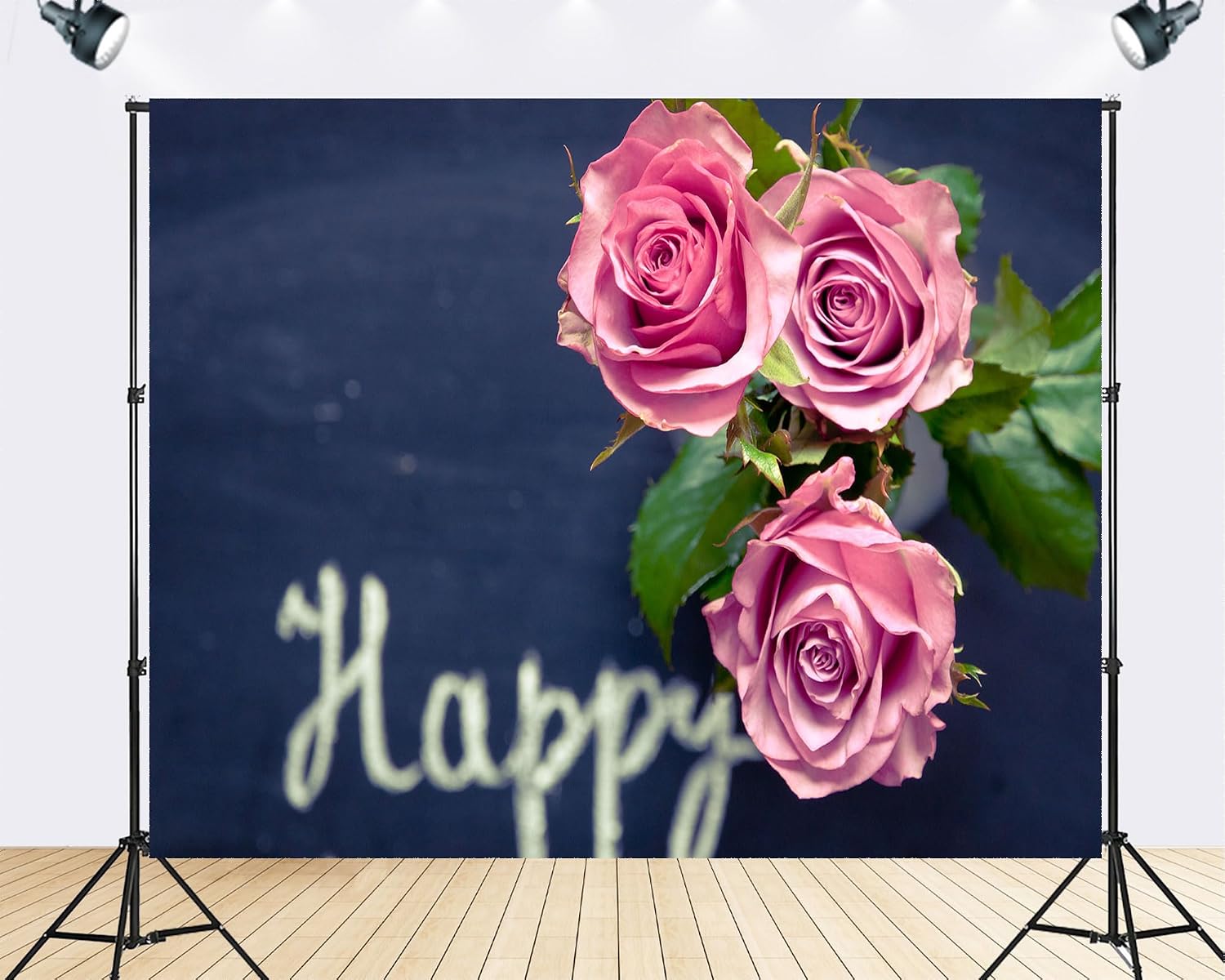 Trykid 20x10ft Pink Roses Happy Backdrop Dark Background Floral Greeting Photography Background Romantic Occasion Party Decoration Tapestry Photo Booth Prop Fabric