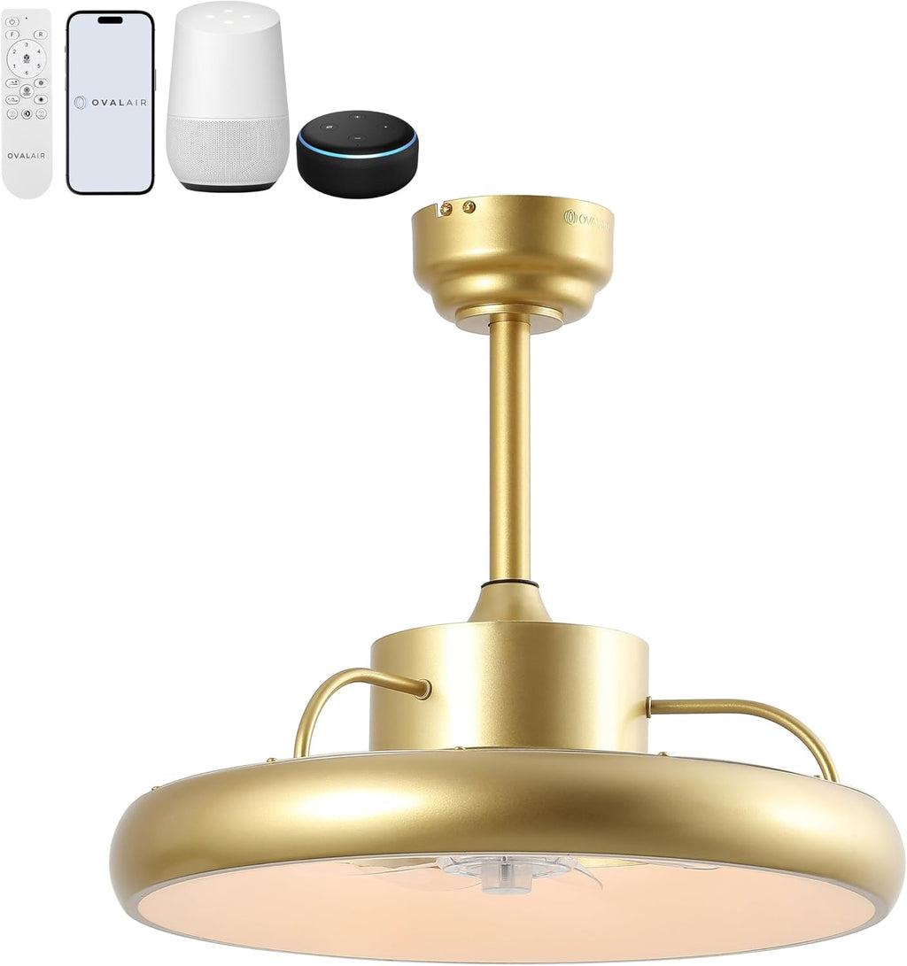 Oval AIR Loren 20' Small Smart Ceiling Fan with Light, Semi Flush Mount, Quiet 6-Speed Reversible Motor, Dimmable LED, Adjustable CCT, App & Remote Control, Modern Glam, Gold AIR8002A