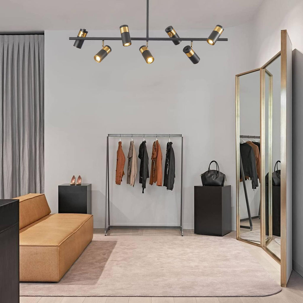 KCO Lighting Black and Gold 7-Light Hanging Track Lighting Modern Kitchen Island Pendant Track Lighting Fixtures Mid Century Ceiling Mount Adjustable Spotlight