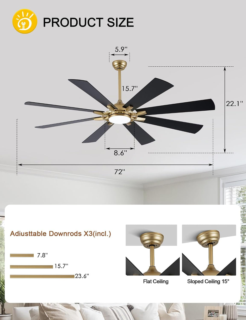 Dawn Whisper Gold Ceiling Fans with Lights 72 Inch Large Modern LED Chandelier Ceiling Fans with Remote for Living Room Bedroom 3 CCT 6 Speed Reversible DC Motor