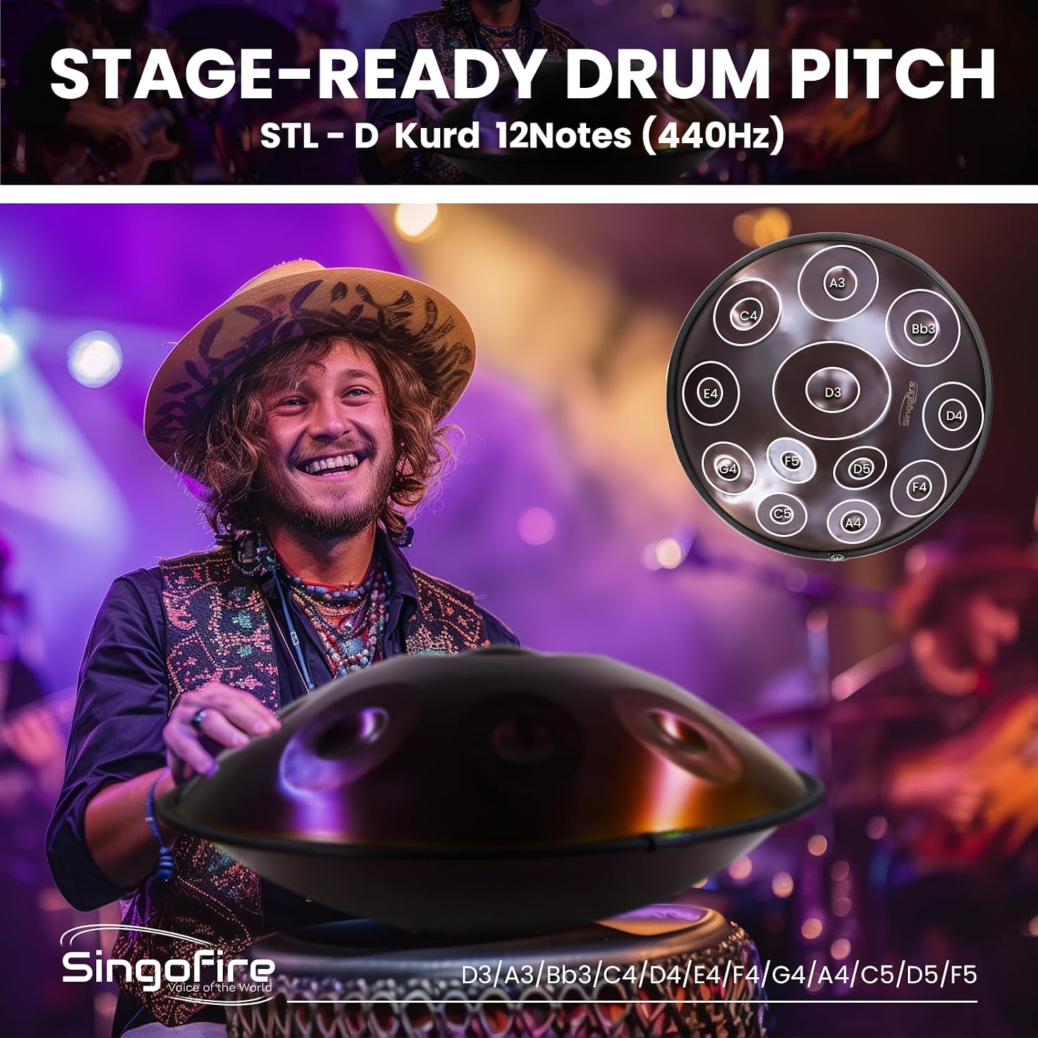 'SINGOFIRE' 12-Notes Handpan Drum, Handpan Drums for Adults, 22-Inch 440Hz D Minor Kurd, HandPan Instrument with Soft Handpan Bag, 2 Mallets, Handpan Stand and Dust-Free Cloth(Purple)