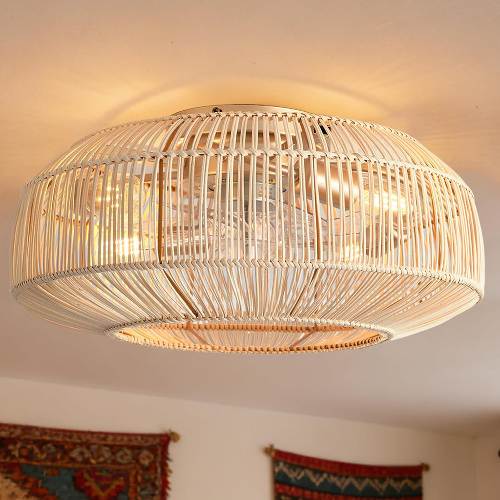Boho Caged Ceiling Fan with Light, 20' Rattan Flush Mount Ceiling Fans with Lights Remote Contro, Bladeless Enclosed Fandelier Fan Safe for Bedroom, Living room, Nursery