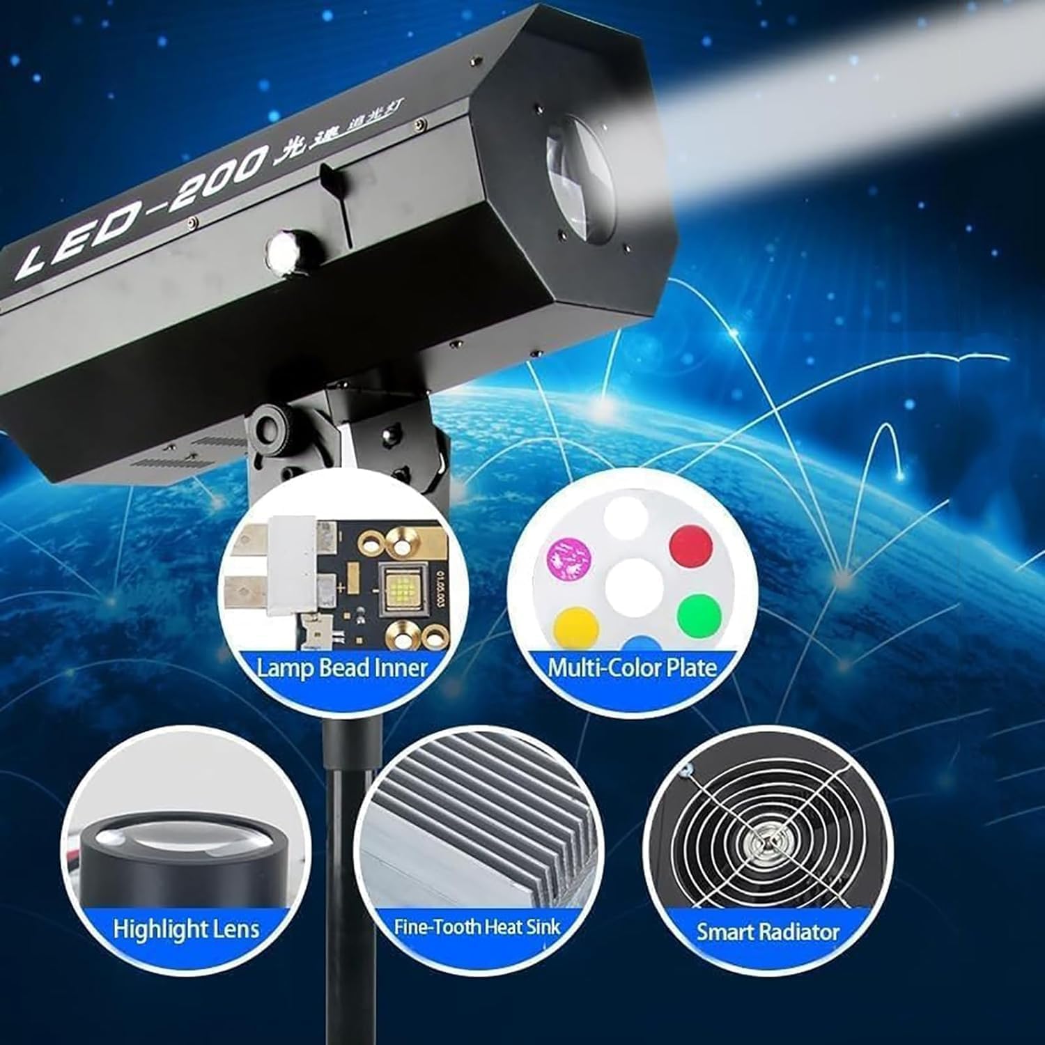 200W LED Stage Spotlight, Black, Modern Style, Floor Mount, Manual Control, Adjustable Aperture, 24V DC, 1A, 1 Light Source