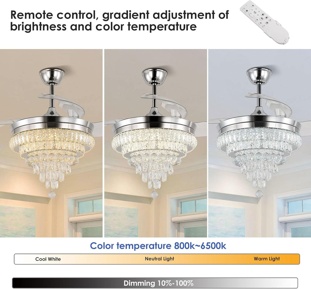 CLAIRDAI 42'' Crystal Ceiling Fan with Light, Dimmable LED Fandelier, Retractable Blades, Remote, 6-Speed Reversible, Flush Mount for Bedroom Living Room Dining Room