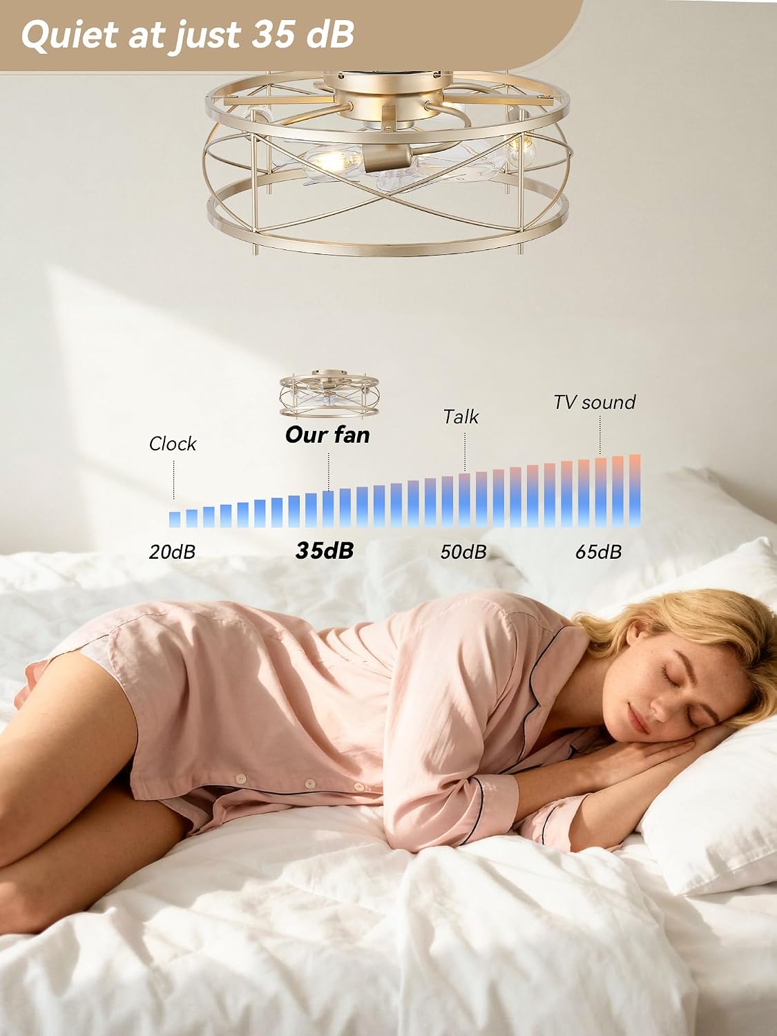 20' Gold Flush Mount Ceiling Fans with Lights, Gold Caged Ceiling Fans with Light and Remote, Bladeless Ceiling Fan with 6 Speeds for Bedroom, Living Room, Nursery