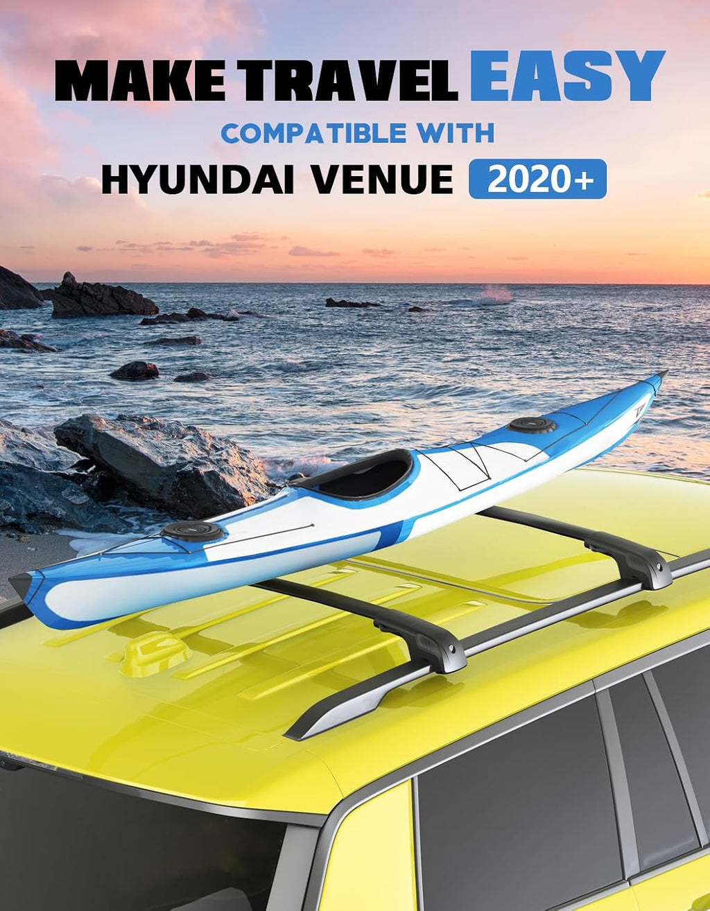 FengYu 300lb Lockable Roof Rack Cross Bars Compatible with Hyundai Venue 2020 2021 2022 2023 2024 2025 2026 with Raised Side Rails, Heavy Duty Aluminum Roof Rails Crossbars Cargo Bars