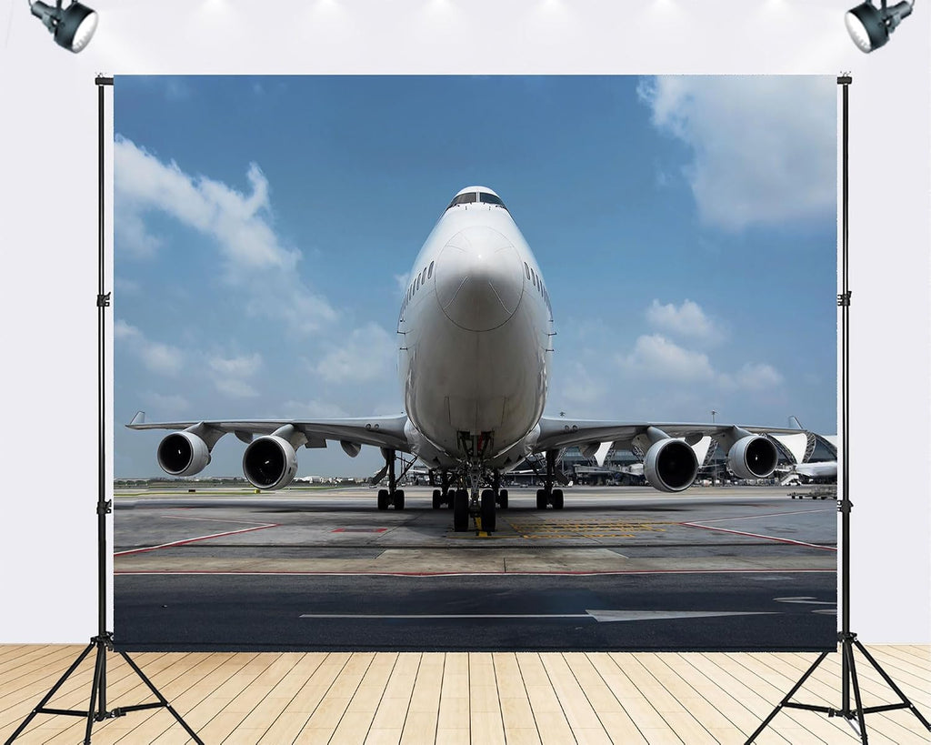 Trykid 20x10ft Commercial Jet Airplane Airport Tarmac Clear Sky Backdrop Modern Aviation Concept Photography Background Farewell Gathering Corporate Party Decoration Photo Booth Prop Fabric