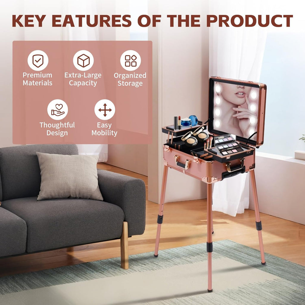 Make-Up Case, Cosmetic Train Table with 4 Rolling Wheels & Lights & Mirror, Pro Make-Up Station, Cover Panel and Easy-to-Clean Extendable Trays, Adjustable Legs, Robust (Rose Gold)