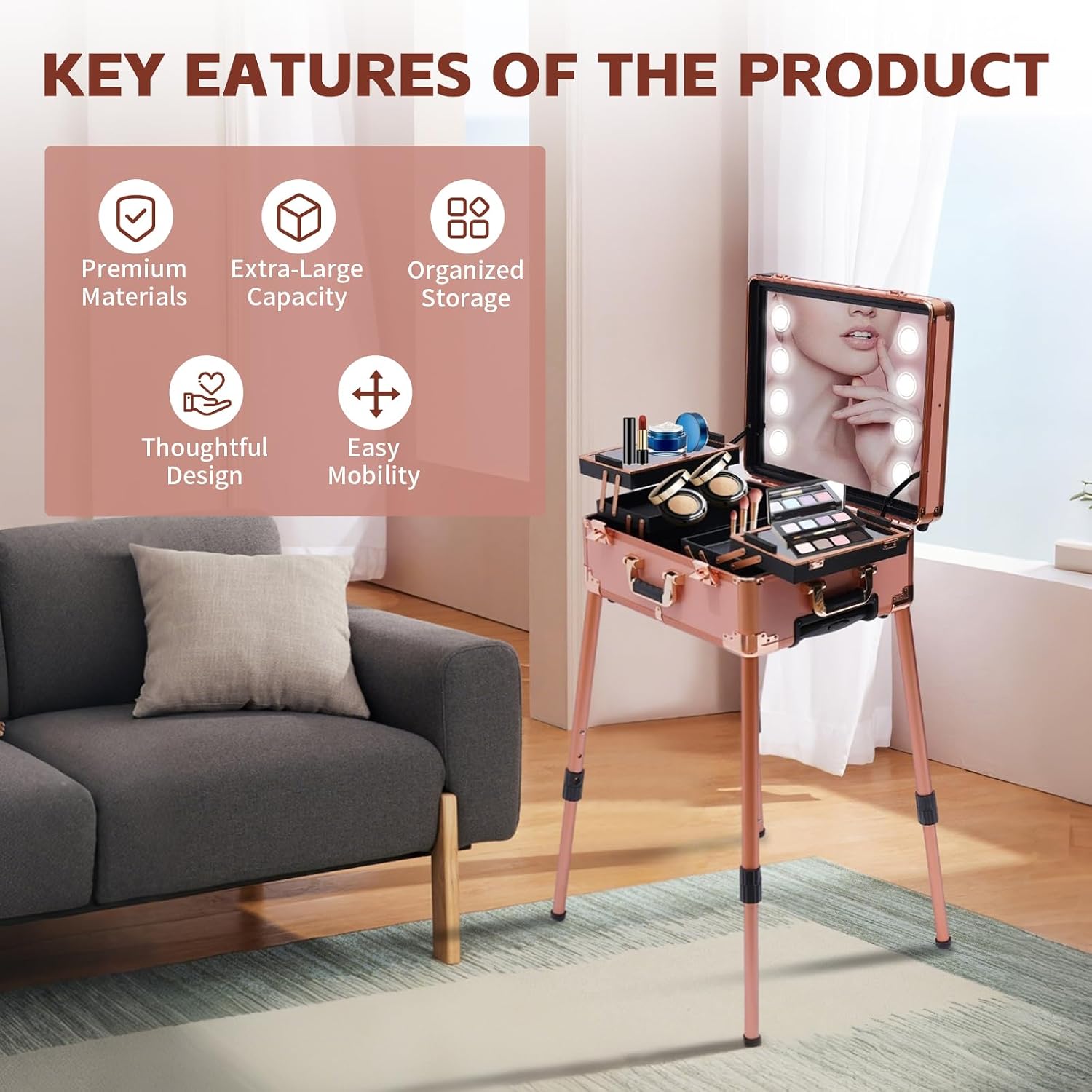 Make-Up Case, Cosmetic Train Table with 4 Rolling Wheels & Lights & Mirror, Pro Make-Up Station, Cover Panel and Easy-to-Clean Extendable Trays, Adjustable Legs, Robust (Rose Gold)