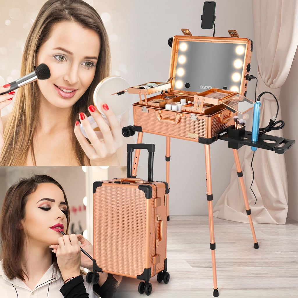 20' Aluminum Ligthed Makeup Train Case with LED Lights Professional Cosmetic Organizer Studio with Speaker, Wheels and Stands Rolling Trolley Makeup Vanity Station for Travel (Rose Gold)