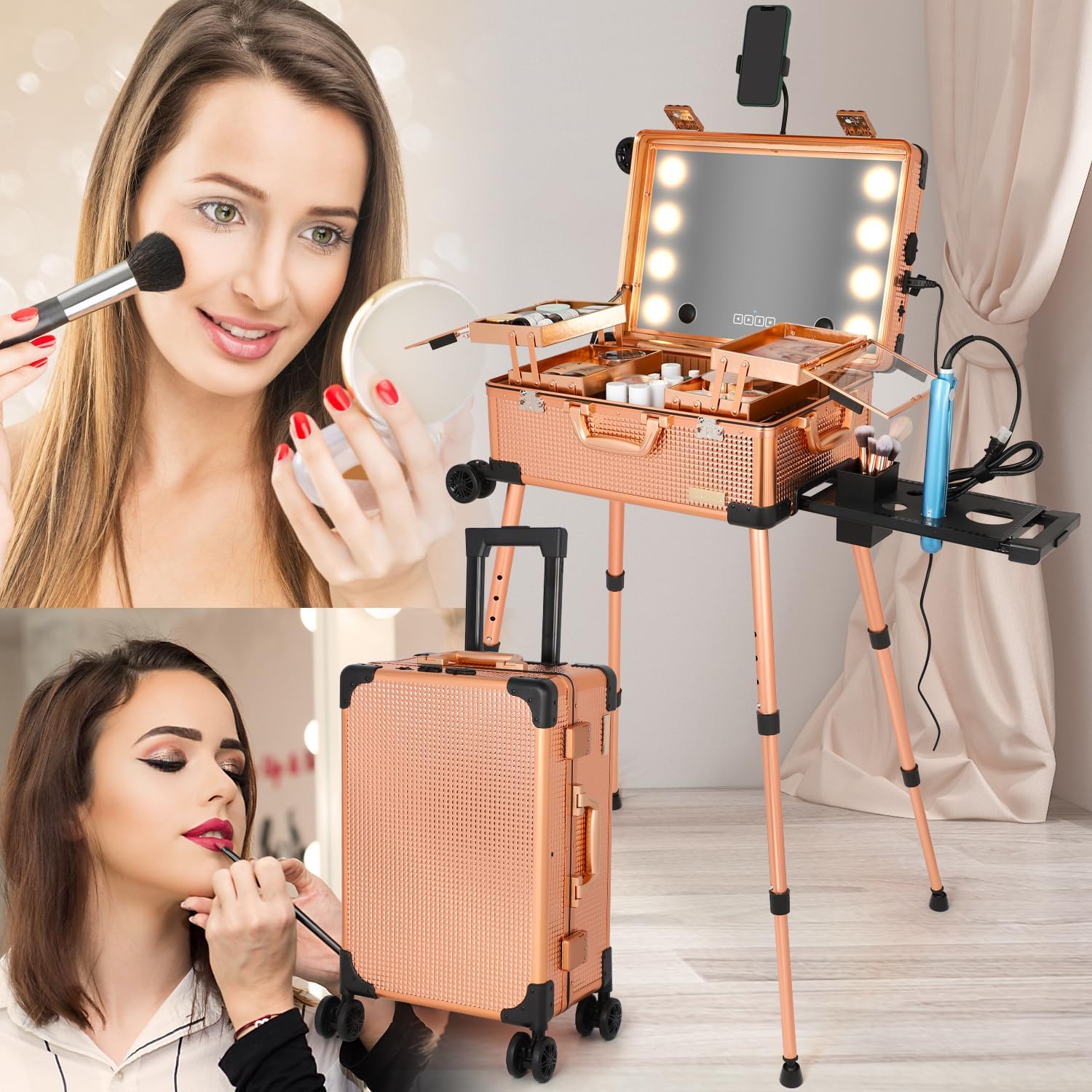 20' Aluminum Ligthed Makeup Train Case with LED Lights Professional Cosmetic Organizer Studio with Speaker, Wheels and Stands Rolling Trolley Makeup Vanity Station for Travel (Rose Gold)