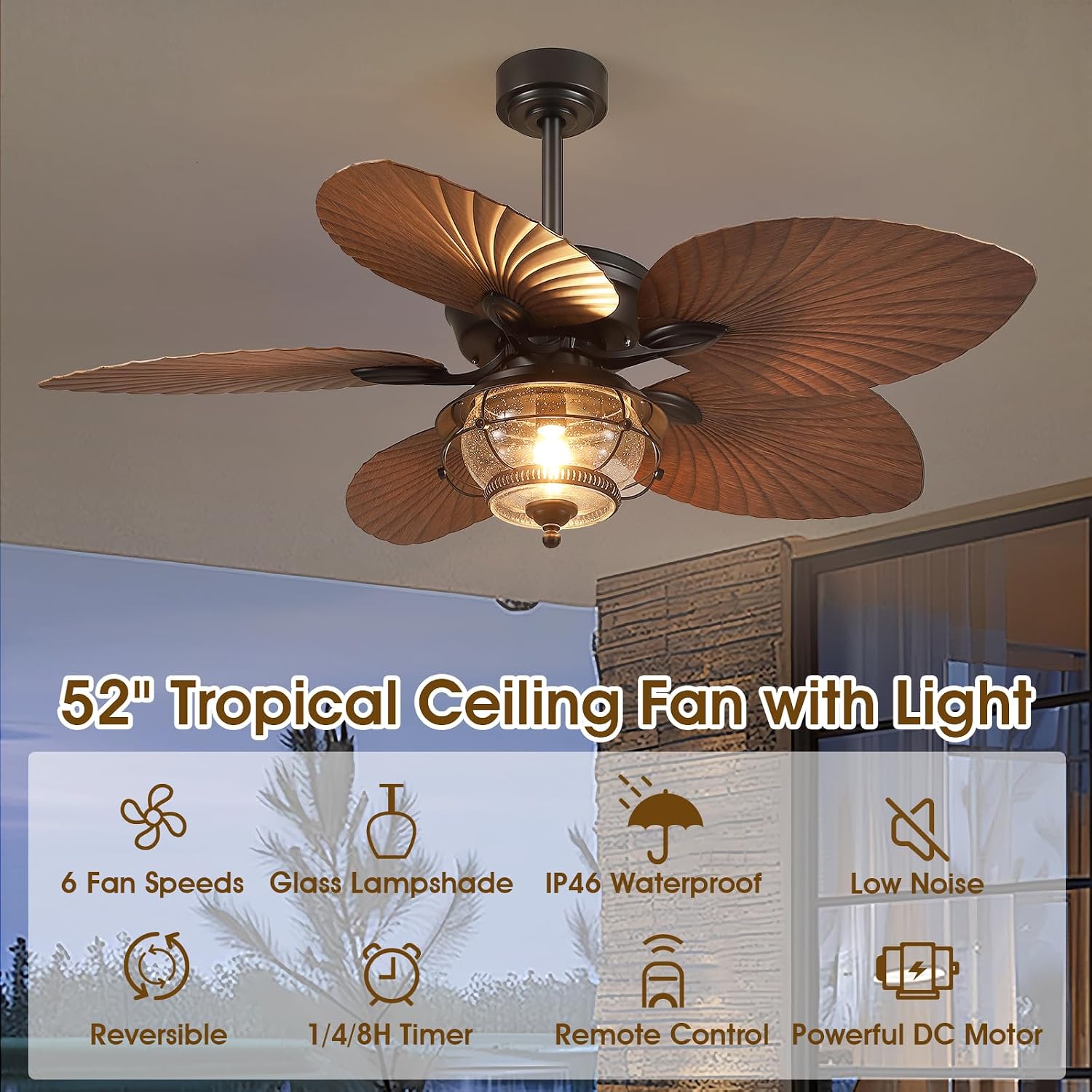 Wiviniya 52 Inch Tropical Ceiling Fans with Lights and Remote, Palm Leaf Waterproof Outdoor Ceiling Fan for Patios Porches Gazebos, Wet Rated, Glass Lampshade, Quiet DC Motor, Brown (Bulb Included)
