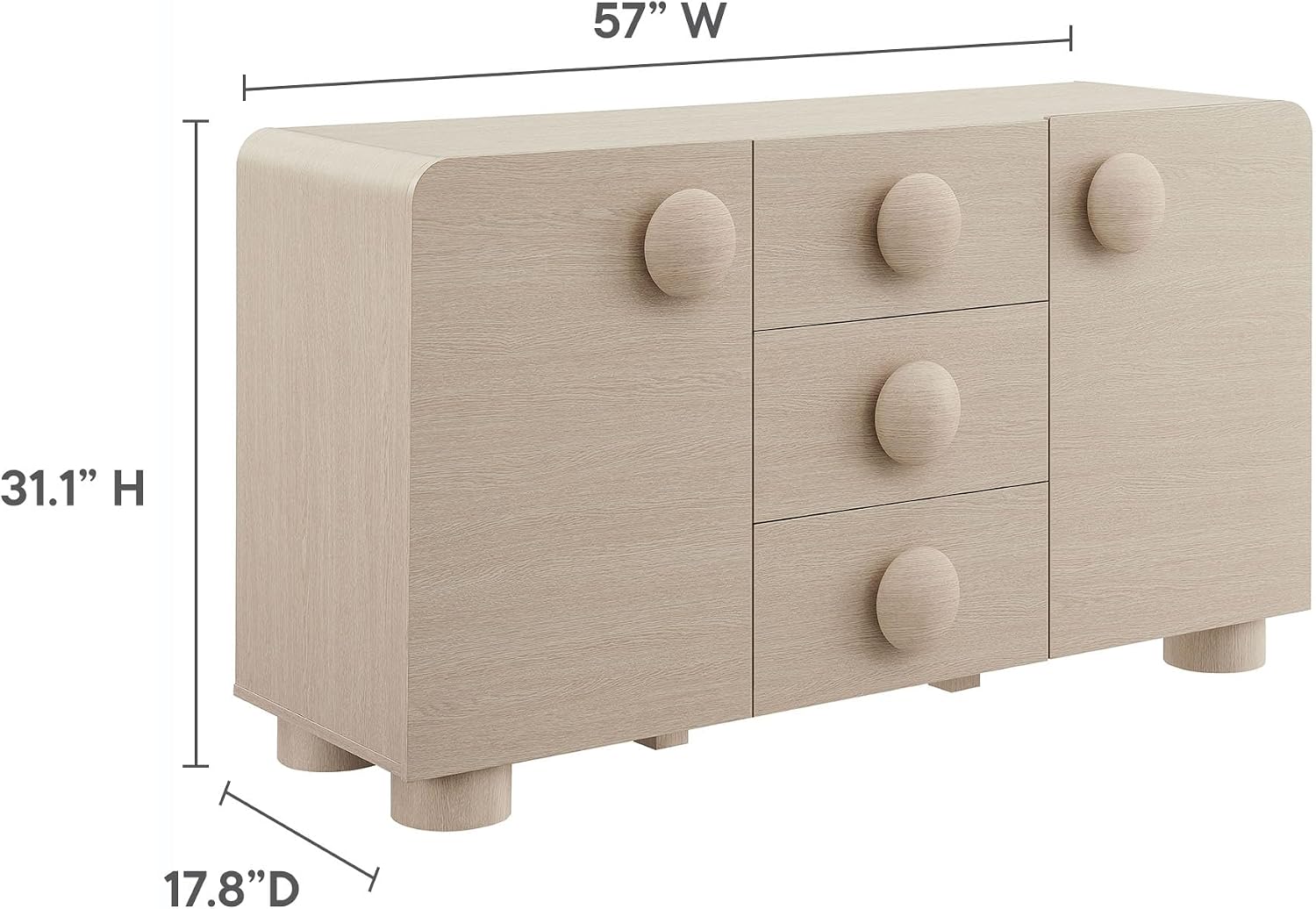 Modway Sonnet Retro Curved Sideboard in Ash – 57 Inch Modern Buffet Cabinet with Circle Knobs – Credenza Cabinet with 3 Drawers – TV Stand Media Cabinet for Living Room, Home Office, Lounge Area
