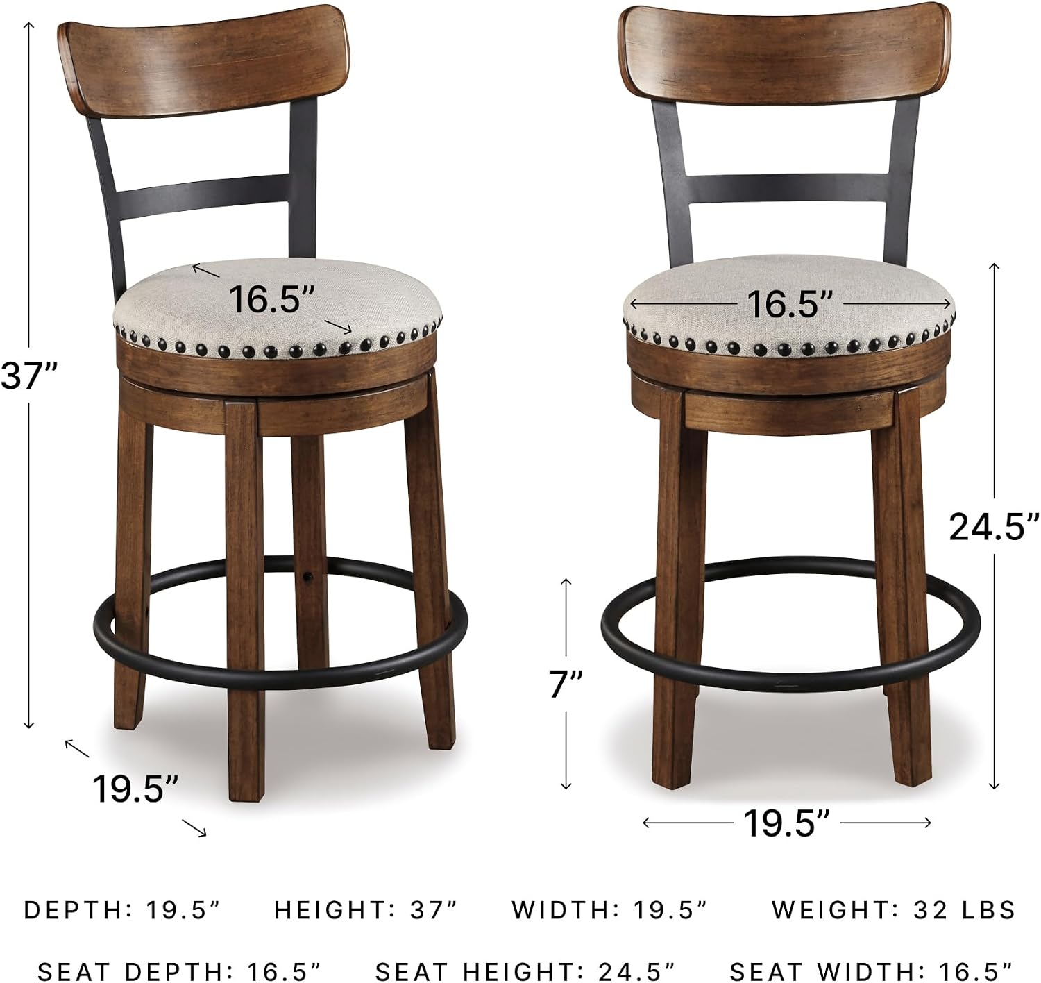 Signature Design by Ashley Valebeck Swivel Barstool With Back, Rustic-Industrial Wood and Metal, 360-Degree Swivel Counter Height Stool for Kitchen Island Seating, Linen Color