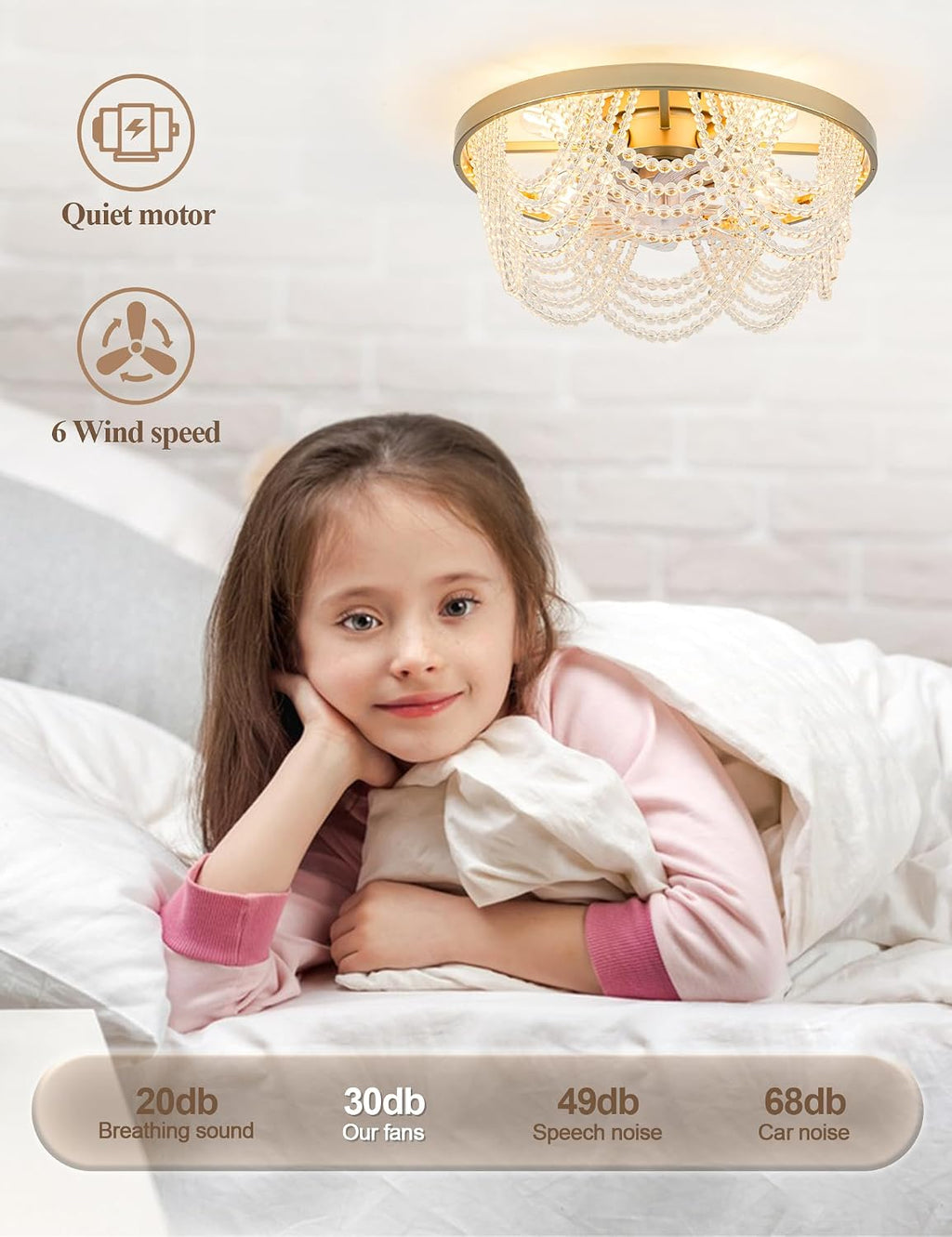 Dawn Whisper 20 Inch Gold Fandelier Ceiling Fans with Lights Flush Mount Low Profile Crystal Chandelier Fans for Bedroom Kids Room