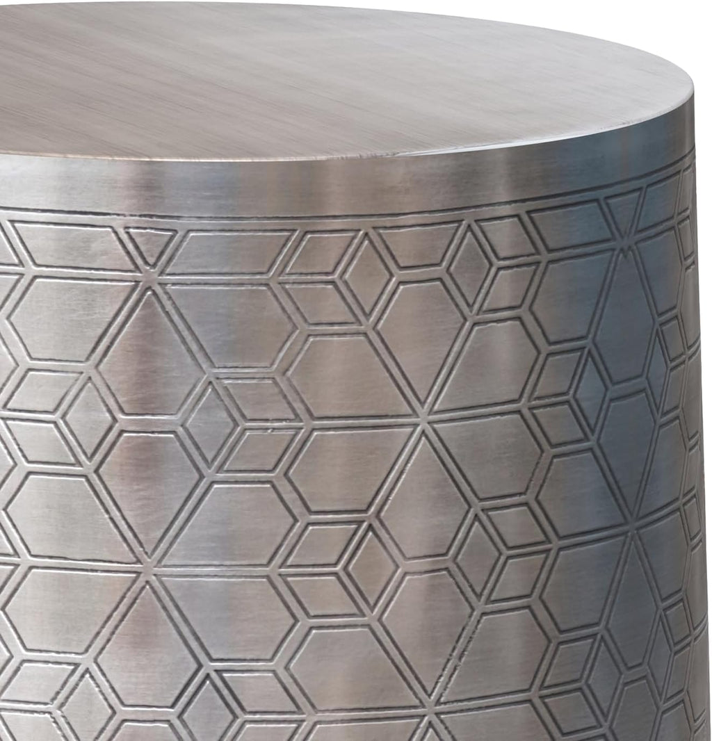 SIMPLIHOME Johnsen Metal Table - 15 inch Wide Solid Iron Round Accent Table in Antique Silver, Boho Side or End Table for Living Room or Bedroom with Etched Geometric Pattern, Assembled