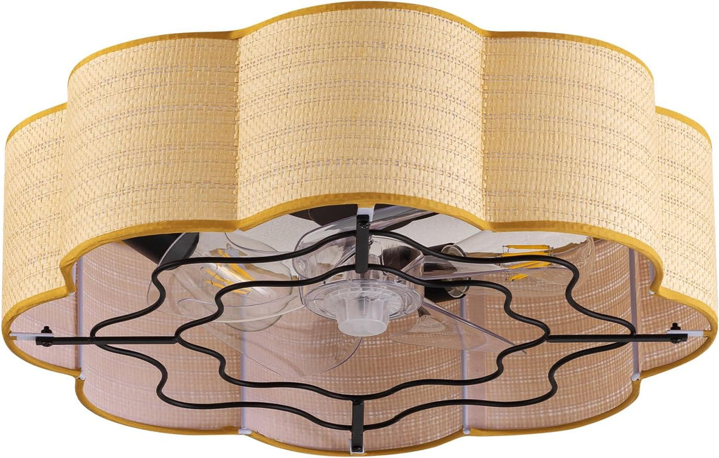 Boho Caged Ceiling Fans with Lights Flush Mount, Rattan Fandelier Chandelier Ceiling Fan with Light with Remote and 6-Speed Motor for Bedroom, Nursery, Living Room