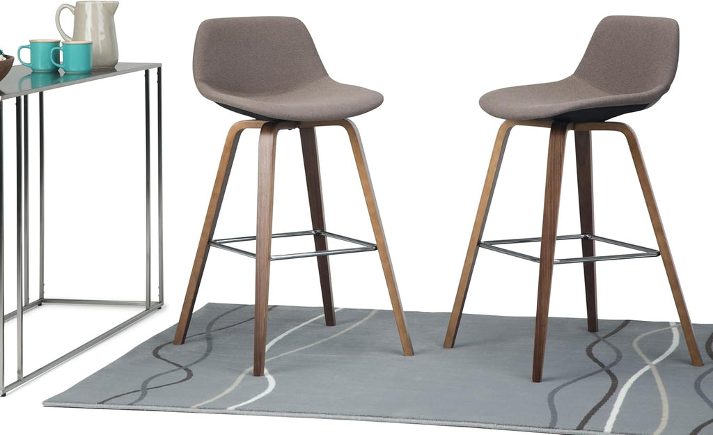 SIMPLIHOME Randolph Counter Stools (Set of 2) - 28 Inch Seat Height Upholstered Bentwood Kitchen Seats in Mocha Woven Fabric, Mid Century Modern Seating with Curved Backrest and Chrome Footrest