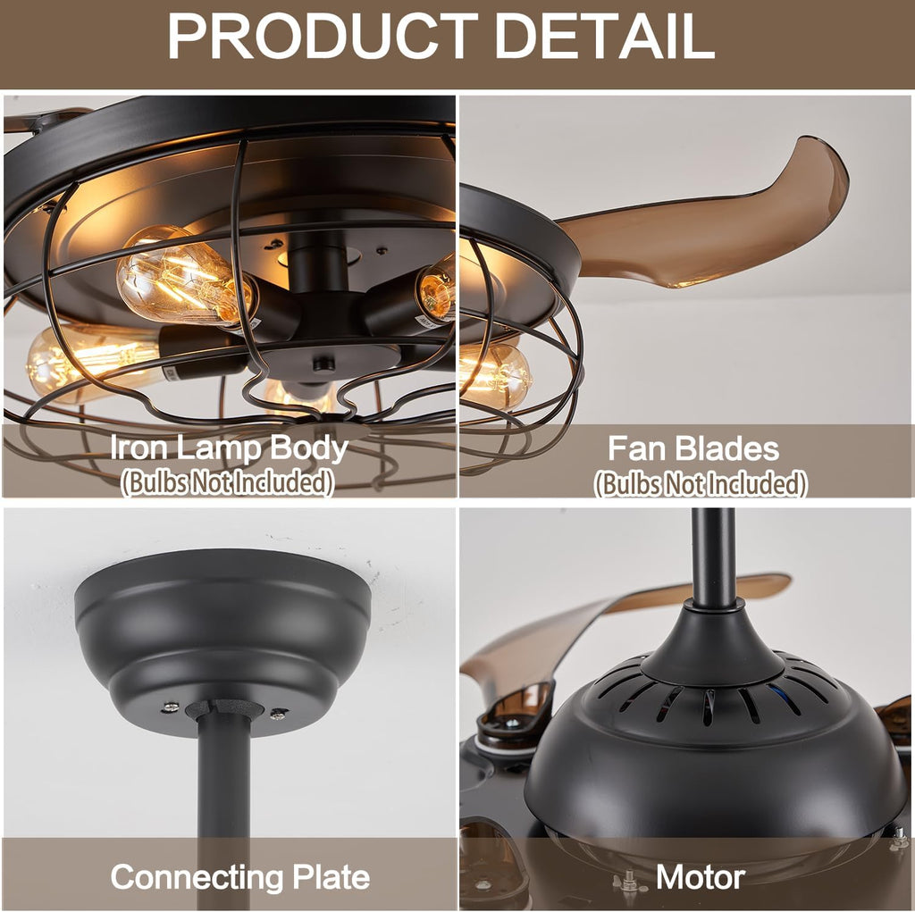 DuMaiWay 36' Caged Ceiling Fan, Industrial Retro Ceiling Fans with Remote Controller Vintage Style for Farmhouse/Living Room/Bedroom/Restaurant 5 Lights 3 Fan Blades Black