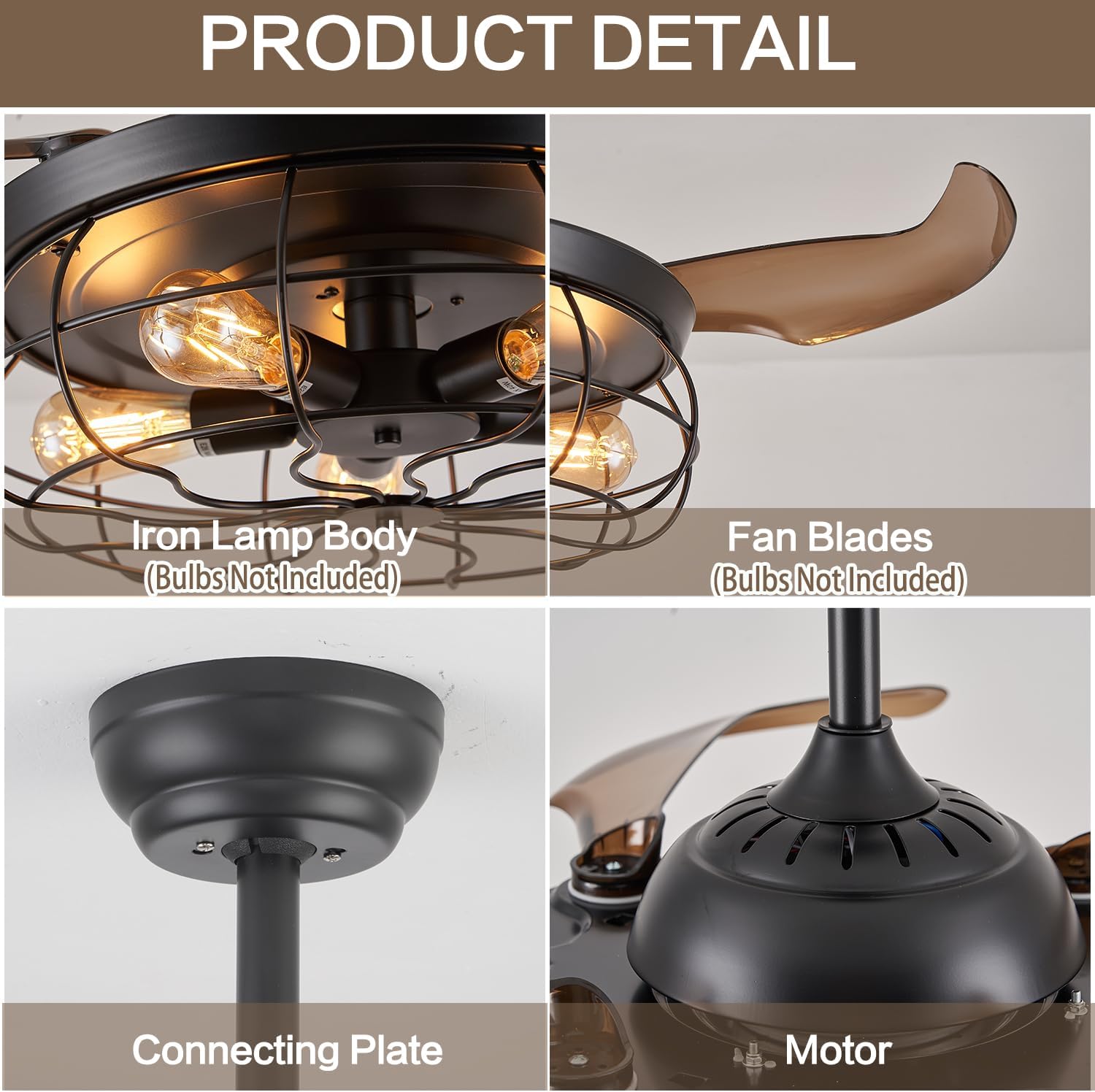 DuMaiWay 36' Caged Ceiling Fan, Industrial Retro Ceiling Fans with Remote Controller Vintage Style for Farmhouse/Living Room/Bedroom/Restaurant 5 Lights 3 Fan Blades Black