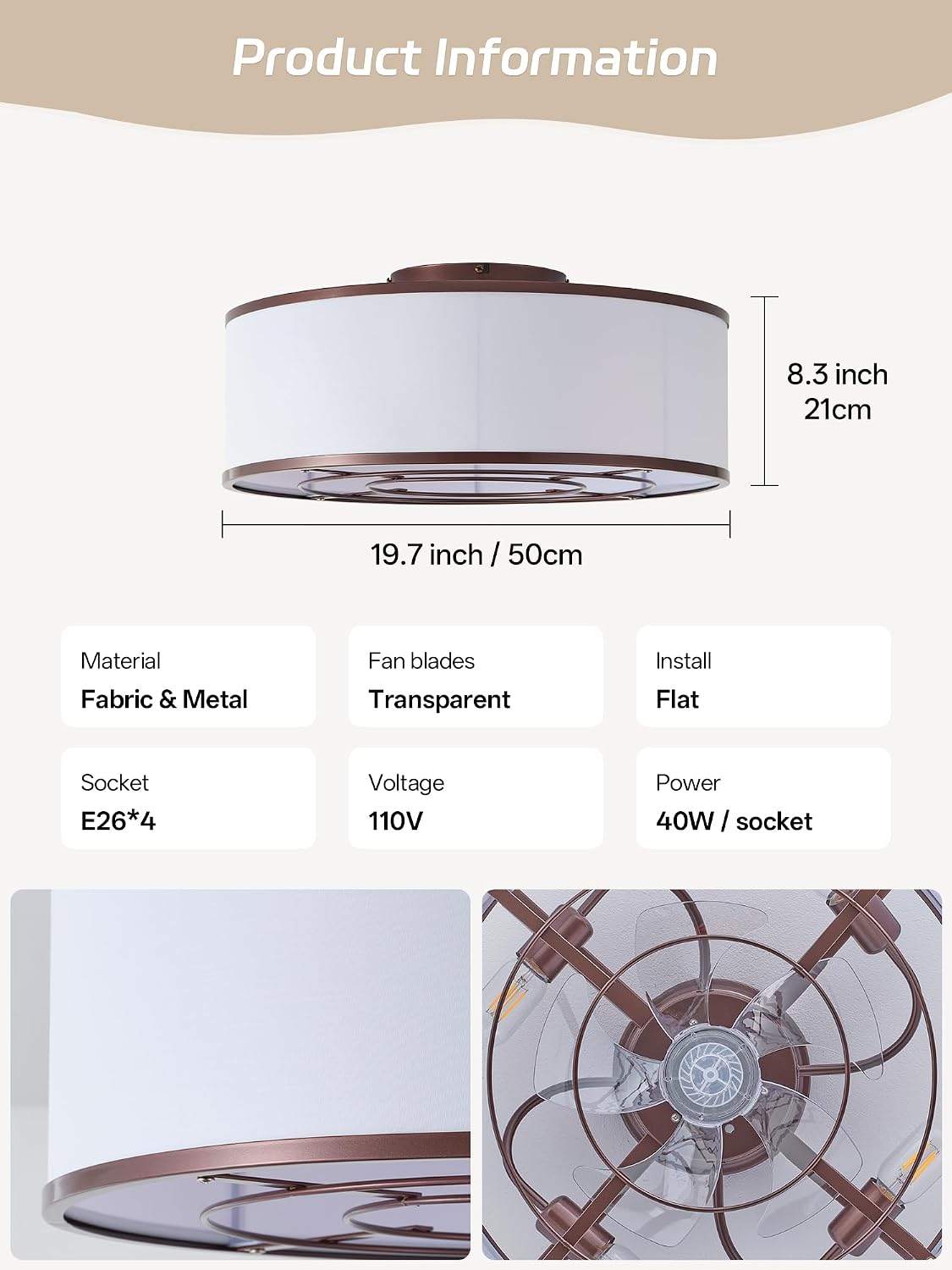 Caged Low Profile Ceiling Fans with Lights, Bladeless Ceiling Fan with lights Remote, Flush Mount Modern Enclosed with 6 Speeds for Bedroom, Kitchen (Brown)