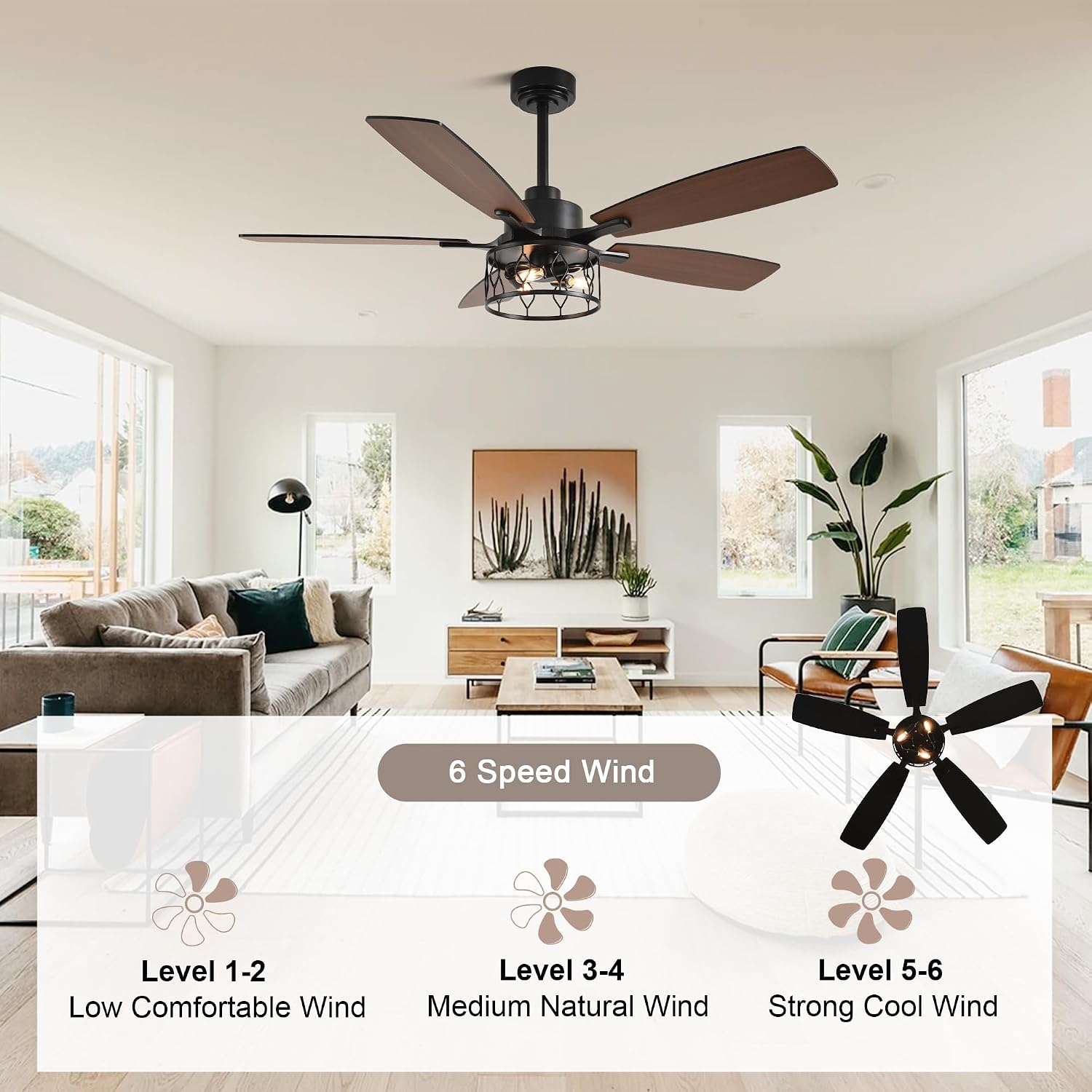 52 Inch Farmhouse Ceiling Fan with Lights Rustic Ceiling Fan Industrial Caged Black Fandelier Chandelier Light for Living Room Indoor Outdoor, Remote Control, Reversible 6 Speeds