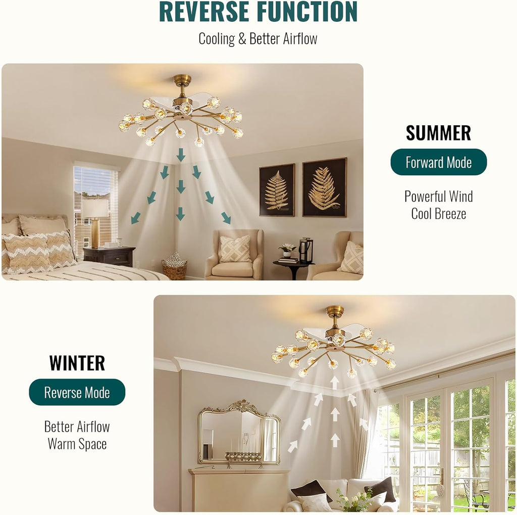 Siljoy 18 Lights Modern Crystal Ceiling Fan Light and Remote Control, Farmhouse Brass Gold Sputnik Crystal Fandelier, Reversible Ceiling Fan Light Kit for Living Dining Room Bedroom 42 Inches
