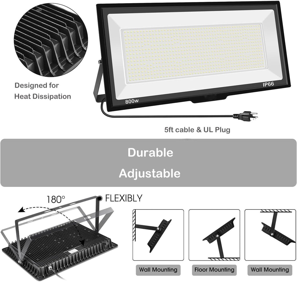 800W LED Flood Light Outdoor, 6000K 80000LM Daylight White Security Lights Outside Lamp, IP66 Waterproof Exterior Floodlights Lighting for Garden Yard Stadium Arena