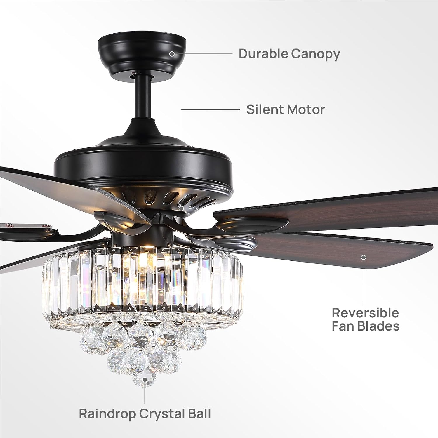 52 Inch Crystal Ceiling Fan with Lights and Remote Modern Black Chandelier Fan for Bedroom 5 Reversible Wood Blades Silent DC Motor Fandelier Ceiling Fans for Living Room Dining Room