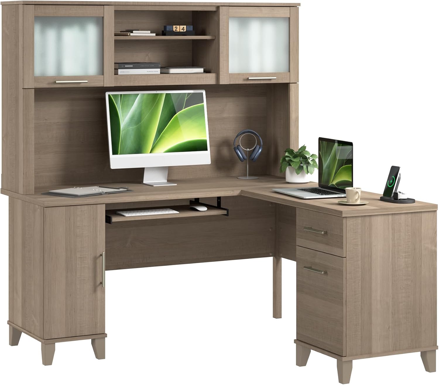 Bush Home 60-Inch L-Shaped Desk with Hutch, Corner Computer Office Desk with File and Box Drawers, Shelves and Storage Cabinet, Home Office Workstation, Somerset Collection, Ash Gray