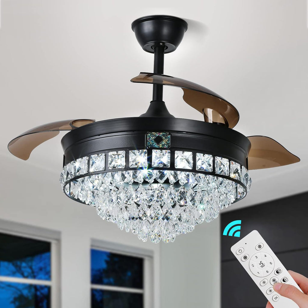 42' Black Crystal Ceiling Fan with Lights, Modern Dimmable Fandelier with Remote, LED Retractable Blades 3-Color with Memory Invisible Crystal Chandelier Fan for Living Room Dining Room