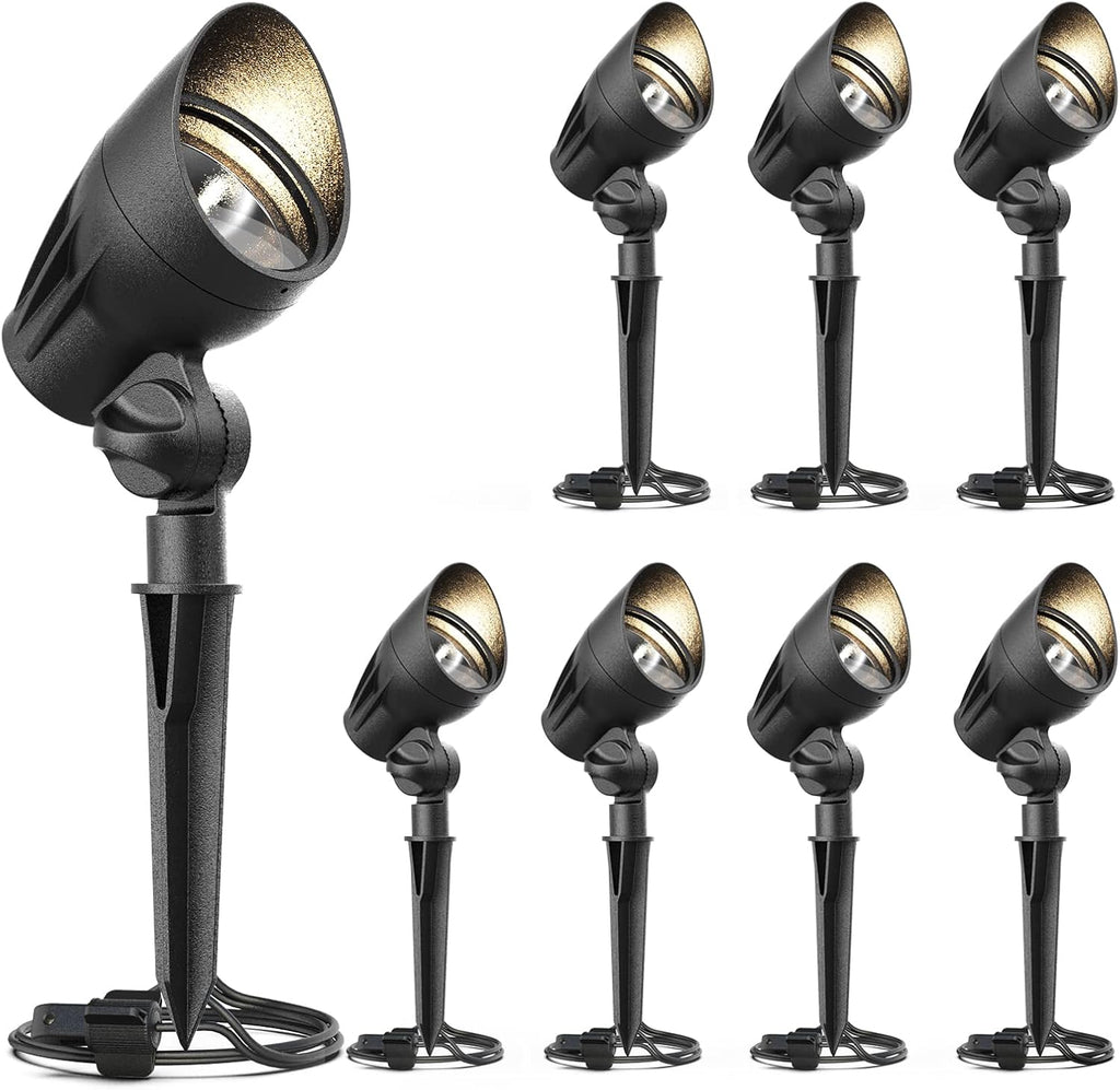 GOODSMANN Low Voltage Landscape Spotlights 50W 8PK Kits Outdoor Flood Lights 3000K Warm White Replaceable Halogen Bulb Outside Hardwired Lighting with Metal Stake Cable Connector